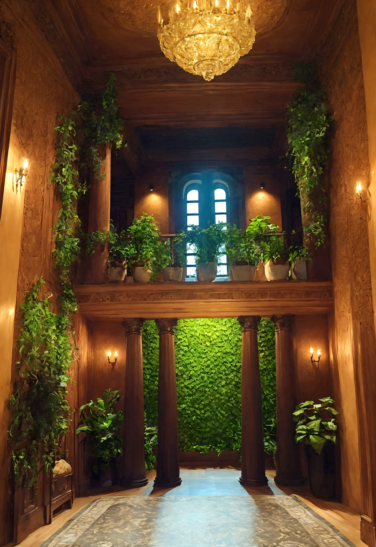 a luxurious interior, intricate wall decor, decorative lighting, cabinets, lush greenery, frontal view, eye-level perspective, wide panoramic shot, full view of the front wall, hyperrealistic, cinematic lighting, super high definition, high quality, extremely detailed, high resolution