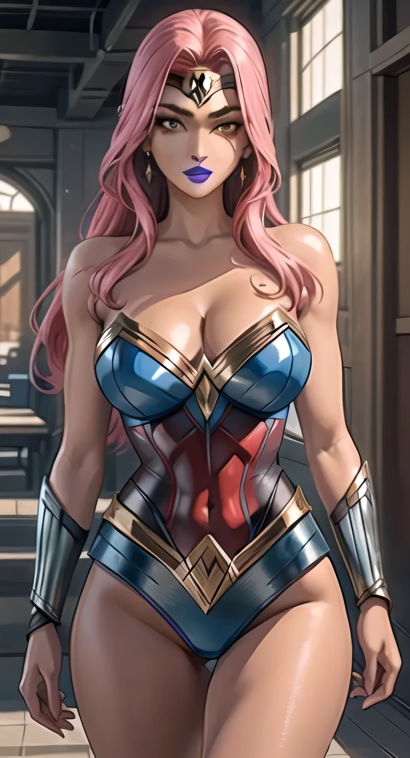 (masterpiece, highres, best quality:1.3), 8K, highly detailed, intricate, colorful, vibrant image, sharp focus, digital blending, 4K, trending on pixiv Ingrid, mature female, 40yo, milf, curvy, (dark skinned female:1.15), dark skin, (caring look:1.2), looking at viewer, cowboy shot, pink hair, very long hair, forehead, hair intakes, purple lipstick, makeup, mole under mouth, yellow eyes, perfect eyes, perfect face, ultra detailed hair, ultra detailed face, earrings, ultra detailed lips, (large breasts), ultra detailed lipstick,
wearing wonder_woman_cosplay_outfit