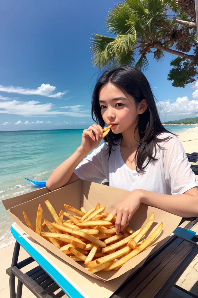 Person eating French fries on the beach, on top of a paper boat