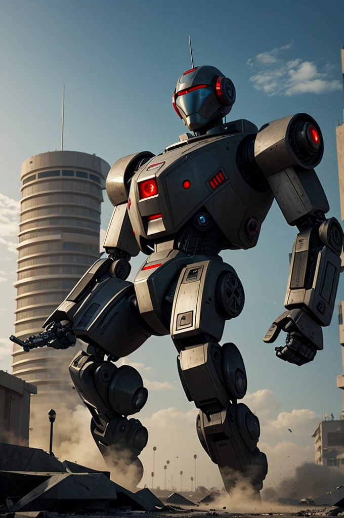 Create a futuristic robot that watches society fall into war.