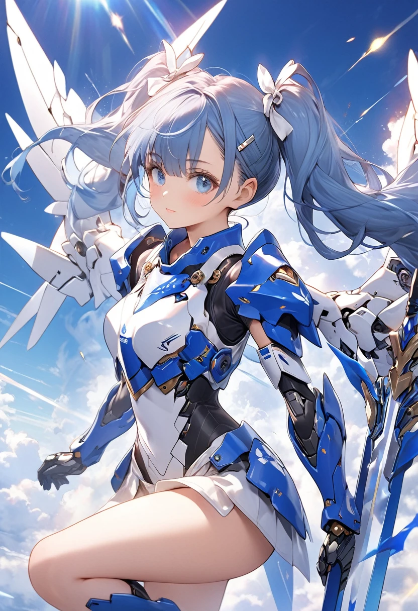 High quality, high definition, hig
h precision images,4k,8k 、1 Robot Girl Flying in the sky with a spear、The girl has blue hair with twin tails、She wears a robot-style blue and white barrette.Beautiful face with blue eyes,Wearing blue and white robot armor,Mecha wings on the back of the armor,(The legs are equipped with equipment and verniers for flying1.2),The spear has blue and white mechanical details and a large spear tip.The background of the sky where the sun shines,Flying energetically in the sky with a powerful pose,(Blue flames erupt from the leg verniers1.2),side view,Girl's hair texture, luster, and skin beauty, the texture and luster of the body armor mechanism,ultra-definition,