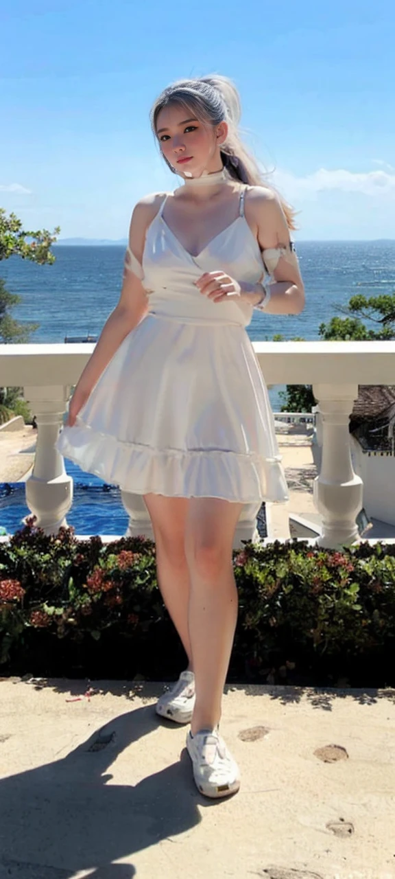 {{best quality, 1080P, Masterpiece, Ultra high resolution, photorealistic, ultra realism, Realistic skin texture, Extreme skin detail, dslr, Detailed eyes, Facing the camera, very beautiful face, Concise facial structure, Pale skin, Realistic skin texture, Extreme skin detail, oc render reflection textures, Realistic light and shadow, Single picture, alone, gray hair, The body is slim and balanced., Age 20, Height 165, naked girl, Nude, no underwear, A girl with the body of a mechanical robot., Transparent futuristic black glass mech armor suit, The mechanical cervix is attached to the neck., The robot circuit is stuck in the middle of the back., flat stomach, perfect robot arm, perfect robot legs, full body view, Turn your back., Whole body photo.}}