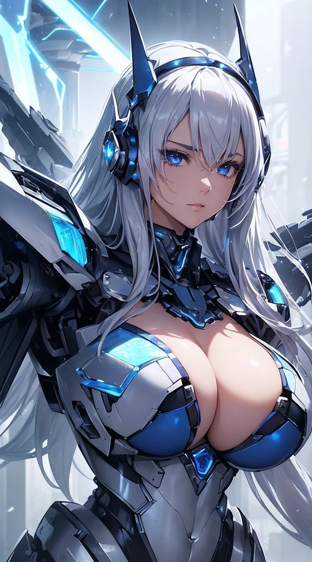 ((Extreme close up:1.6))、(((Lenses shining on both breasts:1.3)))、((Blue pillars of light radiate from both of his chests..:1.3))、break、(((Dynamic pose:1.8)))、smile、((8K)), ((32k)), ((Highest quality)), ((masterpiece)), ((超A high resolution)), ((Tmasterpiece)), ((Halation:1.4))、((Mechaニカルheadgear:1.2))、((Cyber headphones:1.3))Fine skin, High quality fabric, High-quality metal texture、((Beautiful and dense face))、RAW Photos、Professional, Ultra-fine painting, ((alone)), Beautiful breasts、Highest quality, Very detailed, Very detailed詳細, Finer details, so beautiful, ((Princess Knight Robot:1.2)),  (Joint of the machine, Mechanical Limbs:1.3), (The internal structure of the machine is exposed:1.3), (Long silver hair:1.1), (Beautiful and huge mechanical breasts)、White Veil, cowboy_shot, Side Focus, headgear, Shiny、(Five Fingers, Four fingers and thumb),Concept Art, Anime fantasy artwork, Detailed fantasy art, (with pale blue-violet hair and large white wings,,,,,,,,), (((Long silver hair))), (Mecha:1.6)、Sleek and intimidating design, ((Commander-in-Chief&#39;arm)), (Perfect robot body)、純白と青紫のarmまたは, Symmetrical wings, 8K High Resolution, Detailed Art, 3D rendering of character art in 8K, neat legs, Defined, Defined fingers,((headshot:1.3))