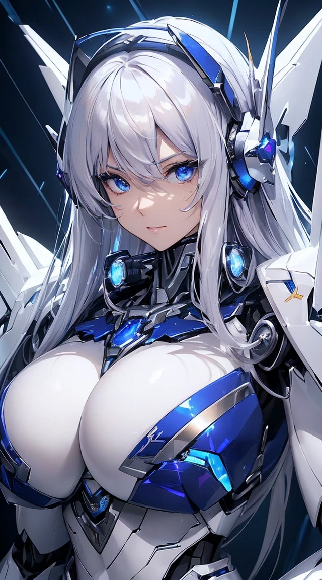((Extreme close up:1.6))、(((Lenses shining on both :1.3)))、((Blue pillars of light radiate from both of his chests..:1.3))、break、(((Dynamic pose:1.8)))、smile、((8K)), ((32k)), ((Highest quality)), ((masterpiece)), ((超A high resolution)), ((Tmasterpiece)), ((Halation:1.4))、((Mechaニカルheadgear:1.2))、((Cyber headphones:1.3))Fine skin, High quality fabric, High-quality metal texture、((Beautiful and dense face))、RAW Photos、Professional, Ultra-fine painting, ((alone)), Beautiful 、Highest quality, Very detailed, Very detailed詳細, Finer details, so beautiful, ((Princess Knight Robot:1.2)),  (Joint of the machine, Mechanical Limbs:1.3), (The internal structure of the machine is :1.3), (Long silver hair:1.1), (Beautiful and huge mechanical )、White Veil, cowboy_shot, Side Focus, headgear, Shiny、(Five Fingers, Four fingers and thumb),Concept Art, Anime fantasy artwork, Detailed fantasy art, (with pale blue-violet hair and large white wings,,,,,,,,), (((Long silver hair))), (Mecha:1.6)、Sleek and intimidating design, ((Commander-in-Chief'arm)), (Perfect robot body)、純白と青紫のarmまたは, Symmetrical wings, 8K High Resolution, Detailed Art, 3D rendering of character art in 8K, neat legs, Defined, Defined fingers,((headshot:1.3))