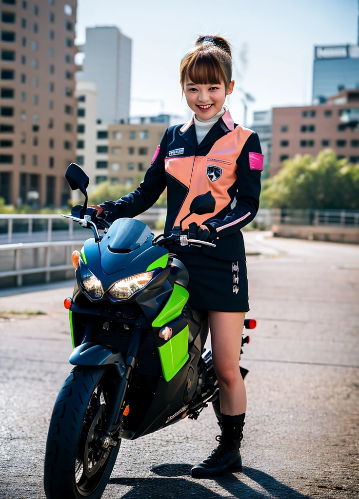 Glowing Korean beauty with cybernetic arm,(Transparent and revealing clothing:1.3, ),(Cyber Girl is、Ride through a futuristic city on a colorful, custom-painted green Kawasaki Ninja motorcycle:1.3),mini skirtを履いてバイクに跨り白いパンティが見えてます、Kawasaki Ninja 250、Showing her white panties.、 （Ultra mini skirt:1.3）、Shiny light brown and orange striped ponytail hair,Cute Smile,Perfect round face,A bright smile that makes everyone happy,Proper body balance,Tabletop,Ultra-high quality output images,High resolution,Intricate details,Very delicate and beautiful hair,Realistic photos,dream-like,Professional Lighting,Realistic Shadows,Focus Only,Beautiful Hands,Beautiful fingers,Detailed functions of the fingers,Detailed characteristics of the garment,Detailed characteristics of hair,Detailed facial features,