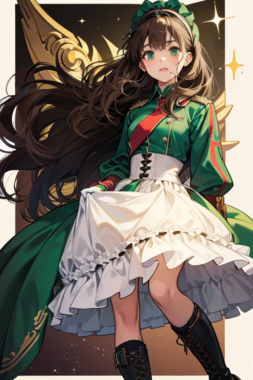 She has short and wavy brown hair held back with a ribbon headband (alternatively green or red, but also sometimes seen as being black), and light green eyes. Belgium also has a cat-like mouth and is described as plain compared to her outgoing neighbors. she was shown to wear gloves, her boots were high-heeled with visible laces, and her tie had an elaborate black design she is shown wearing a military uniform. SPARKLE; GLITTER