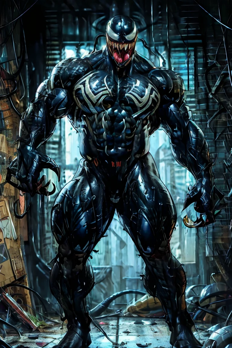 Venom, exaggeratedly muscular(huge:2.0), dilated veins, huge pectorals (huge muscle: 2.0), huge biceps, muscular thighs, thin waist, tongue out, sexy pose, covered with a viscous , room full of black and oily tentacles, alien eggs oily.