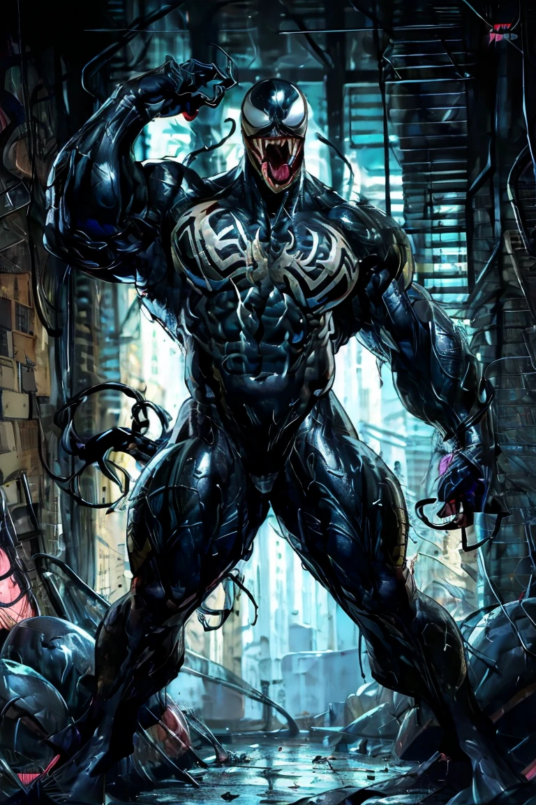 Venom, exaggeratedly muscular(huge:2.0), dilated veins, huge pectorals (huge muscle: 2.0), huge biceps, muscular thighs, thin waist, tongue out, sexy pose, covered with a viscous , room full of black and oily tentacles, alien eggs oily.