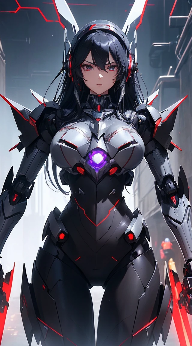 ((Shining lenses on both breasts:1.3))、((Pillars of red light radiate from both chests..:1.3))、((Attack pose:1.6))、((He has a red sword and a long rifle:1.6))、((Battle Scenes:1.8))、((8K)), ((32k)), ((Highest quality)), ((masterpiece)), ((超A high resolution)), ((Tmasterpiece)), ((Halation:1.4))、((Mechaニカルheadgear:1.2))、((Cyber headphones:1.3))Fine skin, High quality fabric, High-quality metal texture、((Beautiful and dense face))、RAW Photos、Professional, Ultra-fine painting, ((alone)), Beautiful breasts、Highest quality, Very detailed, Very detailed詳細, Finer details, so beautiful, ((Black Knight Robot:1.2)), (Joint of the machine, Mechanical Limbs:1.3), (The internal structure of the machine is exposed:1.3), (Long black hair:1.1), (Beautiful and huge mechanical breasts)、White Veil, cowboy_shot, Side Focus, headgear, Shiny、(Five Fingers, Four fingers and thumb),Concept Art, Anime fantasy artwork, Detailed fantasy art, (Has light blue-purple hair and black wings,,,,,,), (((Long black hair))), (Mecha:1.6)、Sleek and intimidating design, (Jet black perfect robot body)、Jet black and reddish purple arms, Symmetrical wings, 8K High Resolution, Detailed Art, 3D rendering of character art in 8K, neat legs, Defined, Defined fingers,((headshot:1.6))
