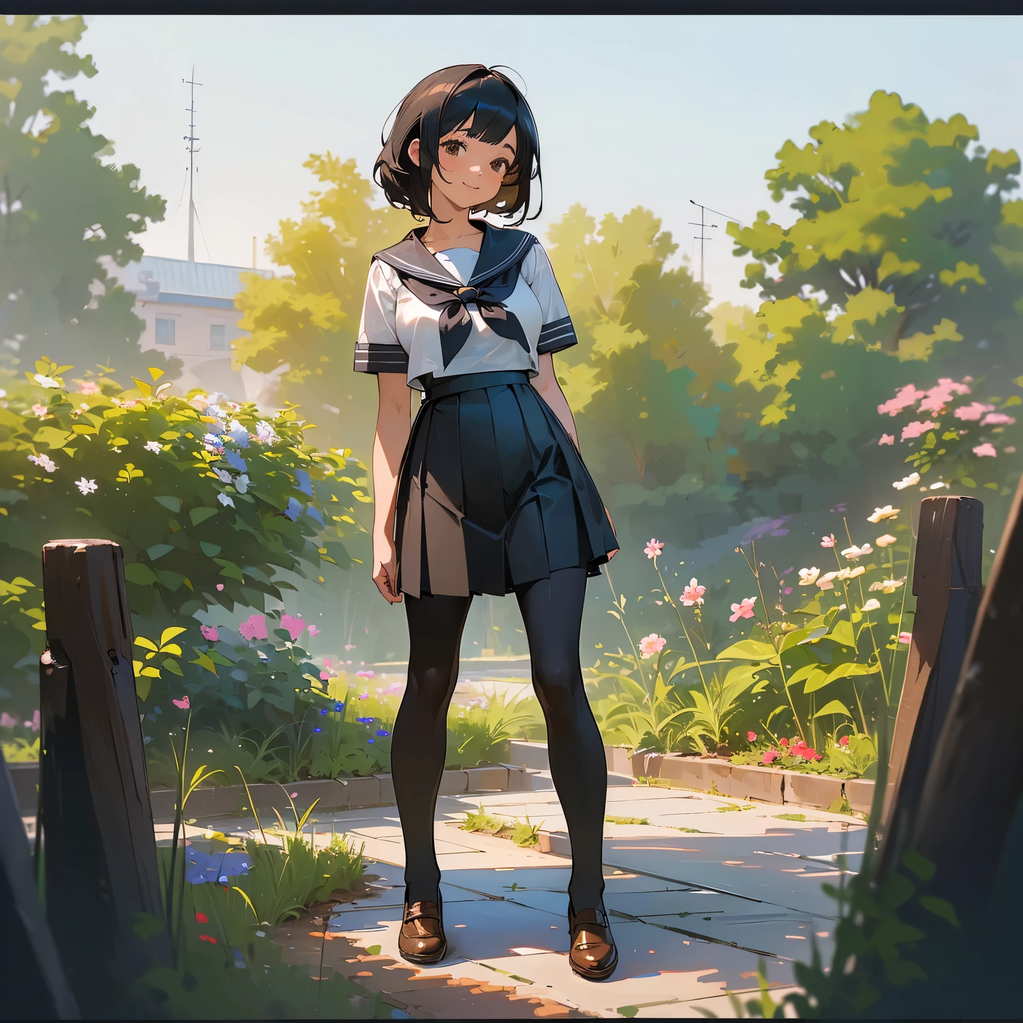 (Highest quality, High resolution, Super detailed, Realistic:1.37), Peaceful atmosphere, (Outdoor, garden), age girl standing alone,(my breasts are big.),Beautifully detailed features, Cute Smile, ((Black bob hair)),Short-sleeved sailor uniform, Pleated skirt,Black tights,Brown leather shoes.