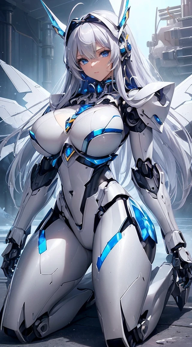 (Sit with one knee on the machine:1.6)、(Full body description:1.3)、((Shining lenses on both breasts:1.3))、((Blue pillars of light are emanating from both chests.:1.3))、smile、((8K)), ((32k)), ((Highest quality)), ((masterpiece)), ((超A high resolution)), ((Tmasterpiece)), ((Halation:1.4))、((Mechaニカルheadgear:1.2))、((Cyber headphones:1.3))、Fine skin, High quality fabric, Fine metal texture、((Beautiful and dense face))、RAW Photos、Professional, Ultra-fine painting, ((alone)), Beautiful breasts、Highest quality, Very detailed, Very detailed詳細, Finer details, so beautiful, ((Princess Knight Robot:1.2)), (Joints of machines, Mechanical Limbs:1.3), (The internal structure of the machine is exposed:1.3), (Long silver hair:1.1), (Beautiful and huge mechanical breasts)、White Veil, cowboy_shot, Side Focus, headgear, Shiny、(Five Fingers, Four fingers and thumb),Concept Art, Anime fantasy artwork, Detailed fantasy art, (with pale blue-violet hair and large white wings,,,,,,,), (((Long silver hair))), (Mecha:1.6)、Sleek and intimidating design, ((Commander-in-Chief'arm)), (Perfect robot body)、純白と青紫armまたは, Symmetrical wings, 8K high quality, detailed art, 3D rendering of character art in 8K, neat legs, Defined, Defined fingers,