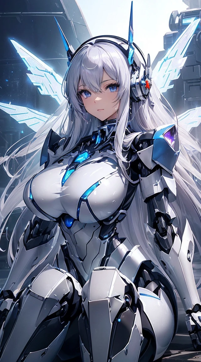 (Sit with one knee on the machine:1.6)、(Full body description:1.3)、((Shining lenses on both breasts:1.3))、((Blue pillars of light are emanating from both chests.:1.3))、smile、((8K)), ((32k)), ((Highest quality)), ((masterpiece)), ((超A high resolution)), ((Tmasterpiece)), ((Halation:1.4))、((Mechaニカルheadgear:1.2))、((Cyber headphones:1.3))、Fine skin, High quality fabric, Fine metal texture、((Beautiful and dense face))、RAW Photos、Professional, Ultra-fine painting, ((alone)), Beautiful breasts、Highest quality, Very detailed, Very detailed詳細, Finer details, so beautiful, ((Princess Knight Robot:1.2)), (Joints of machines, Mechanical Limbs:1.3), (The internal structure of the machine is exposed:1.3), (Long silver hair:1.1), (Beautiful and huge mechanical breasts)、White Veil, cowboy_shot, Side Focus, headgear, Shiny、(Five Fingers, Four fingers and thumb),Concept Art, Anime fantasy artwork, Detailed fantasy art, (with pale blue-violet hair and large white wings,,,,,,,), (((Long silver hair))), (Mecha:1.6)、Sleek and intimidating design, ((Commander-in-Chief'arm)), (Perfect robot body)、純白と青紫armまたは, Symmetrical wings, 8K high quality, detailed art, 3D rendering of character art in 8K, neat legs, Defined, Defined fingers,