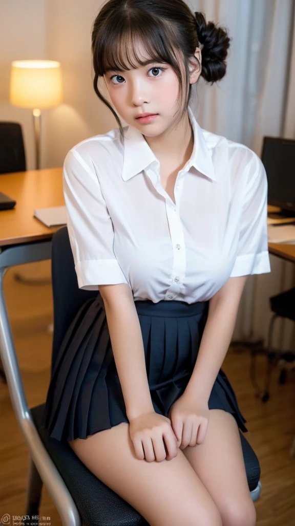(Highest quality, 8K, masterpiece ), A 12-year-old junior high school student with a young face、Bun hairstyle、 Short Hairstyles、The eyes are large and clear、F cup large breasts、Black Hair、My shirt is about to tear、Glamour thighs:1.2、satin button down shirt, Highly detailed face, double eyelid, Round face:1.2、whole body、Sexy thighs:1.2、Round face:1.3、Side angle,Diagonal horizontal angle:1.2、Pleated mini skirt、Sitting in a chair in a dark office at night with the lights out、A computer is placed in a dark office at night with the lights off.