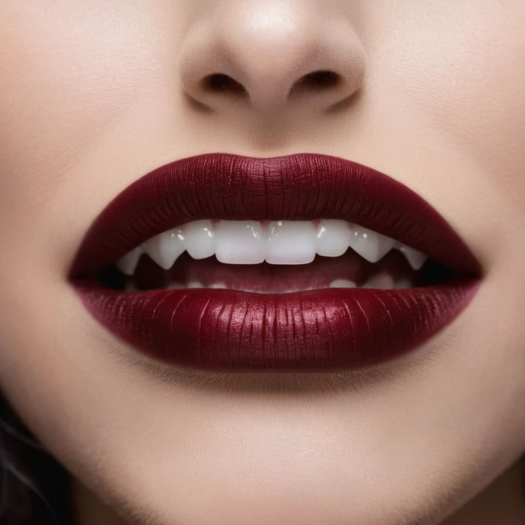 a gentle kiss, (A witch's smile that lifts the corners of her mouth), (evil smile:1.3),(Dark red lips, glossy lips), Fangs, tongue, saliva, Focus only on the mouth, Woman mouth close up, from front