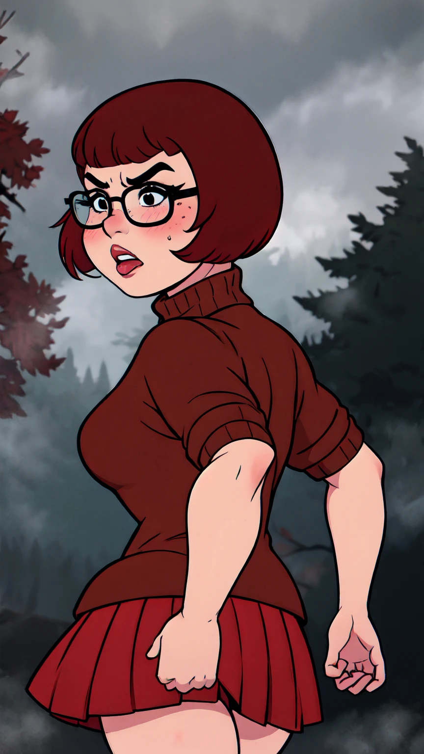 1girl, Velma from scooby-doo, solo, fat (fat body), brown hair, black eyes, square glasses, orange turtleneck blouse and red skirt, eyeliner, looking at viewer, lips, black bob cut, blunt bangs, blush, standing, upper body, face focus, outdoors, horror \(theme\), night, fog egirlmakeup, angry face, backwards, looking back