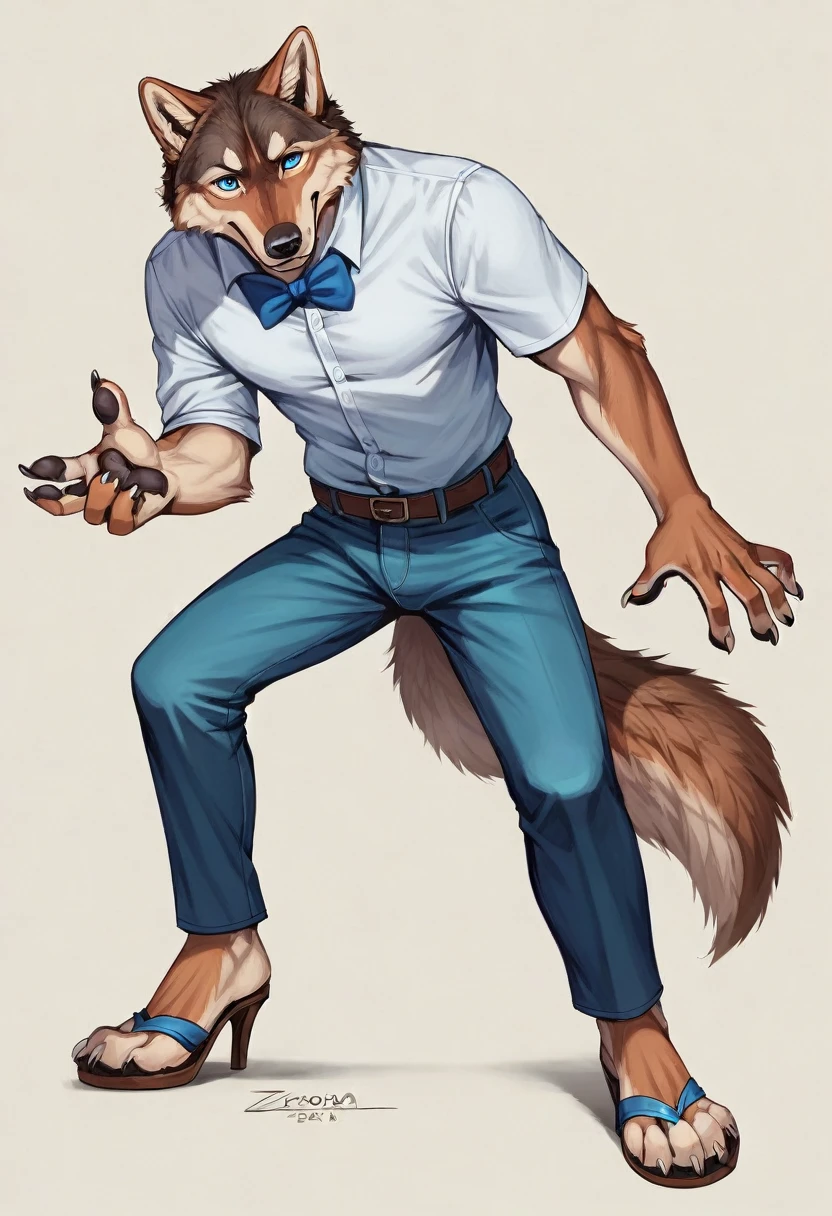 Larry (Zveropolis), wolf, gray fur, (brown body:1.3), beautiful blue eyes, Zveropolis, dressed,shirt,trousers, bow tie, sandals with heels,canine,wolf, Detailed fur, male, antro, paw pads, finger claws,legs,at viewer, 5 fingers, paws, 4 пальца на legs,sandals with heels,coming,
BREAK from nextel, for dating, by xenoforge, (difficult, high detail,digital photography, soft focus, RAW, close to the camera, smile, positive, good, mood, Houses, looks at the viewer, очень close to the camera,
Photorealism, realistic, photorealistic,digital style, Subsurface scattering,очень close to the camera
шедевр, Best quality, ultra realistic, 8 k)