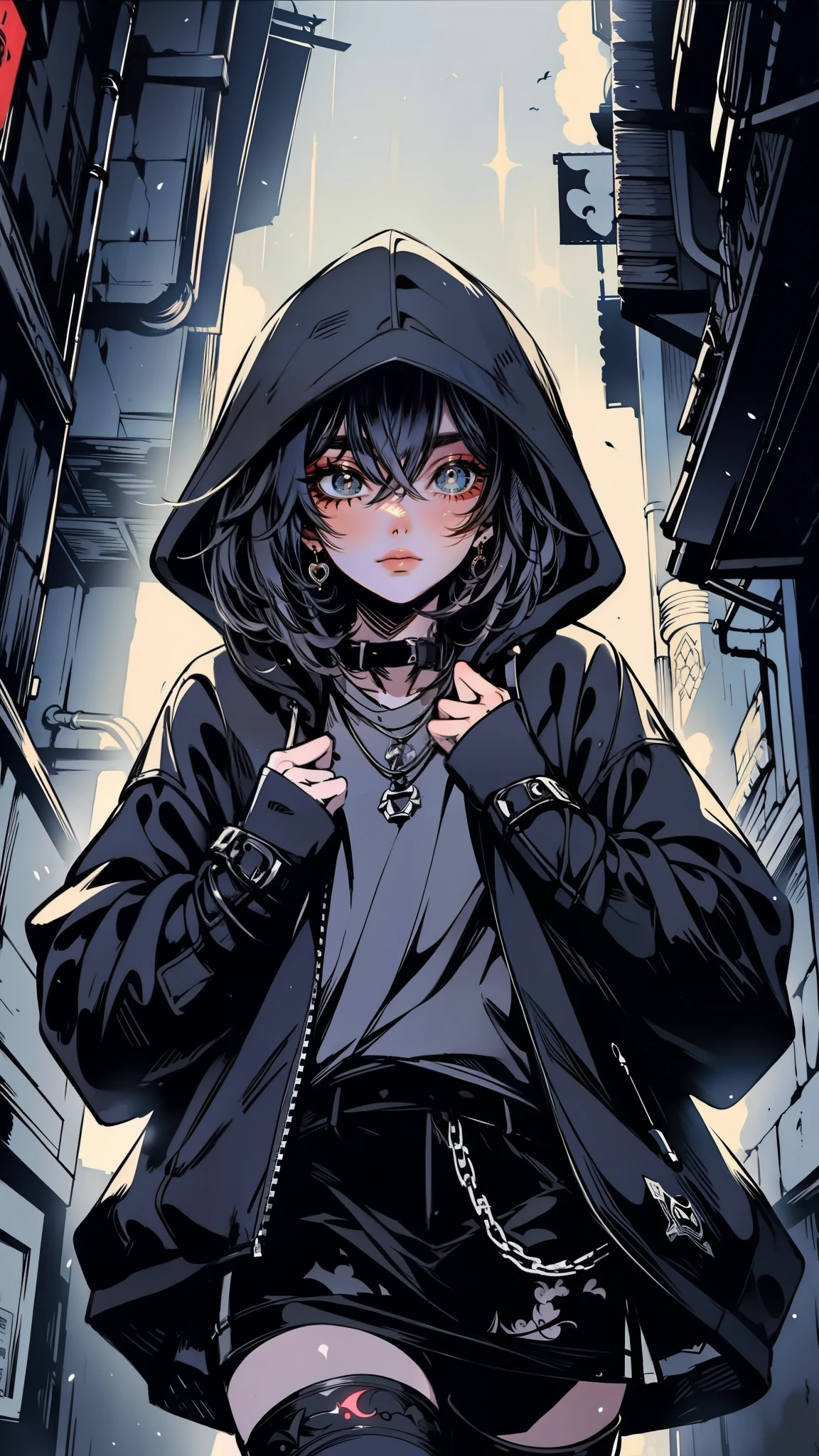 Tattos, A cloaked girl teenager with glowing eyes, cautiously navigating a dark, mist-shrouded alleyway. Half-length shot, low angle, sense of mystery, abasterpiece)), ((best quality)), ultra detailed,((illustration)), dynamic angle, detailed light, (delicate eyes), (ahoge:0.8),apathy, ray,frontage,style of anime4 k, 4k anime wallpaper, badass anime 8 k, 4 k comic wallpaper