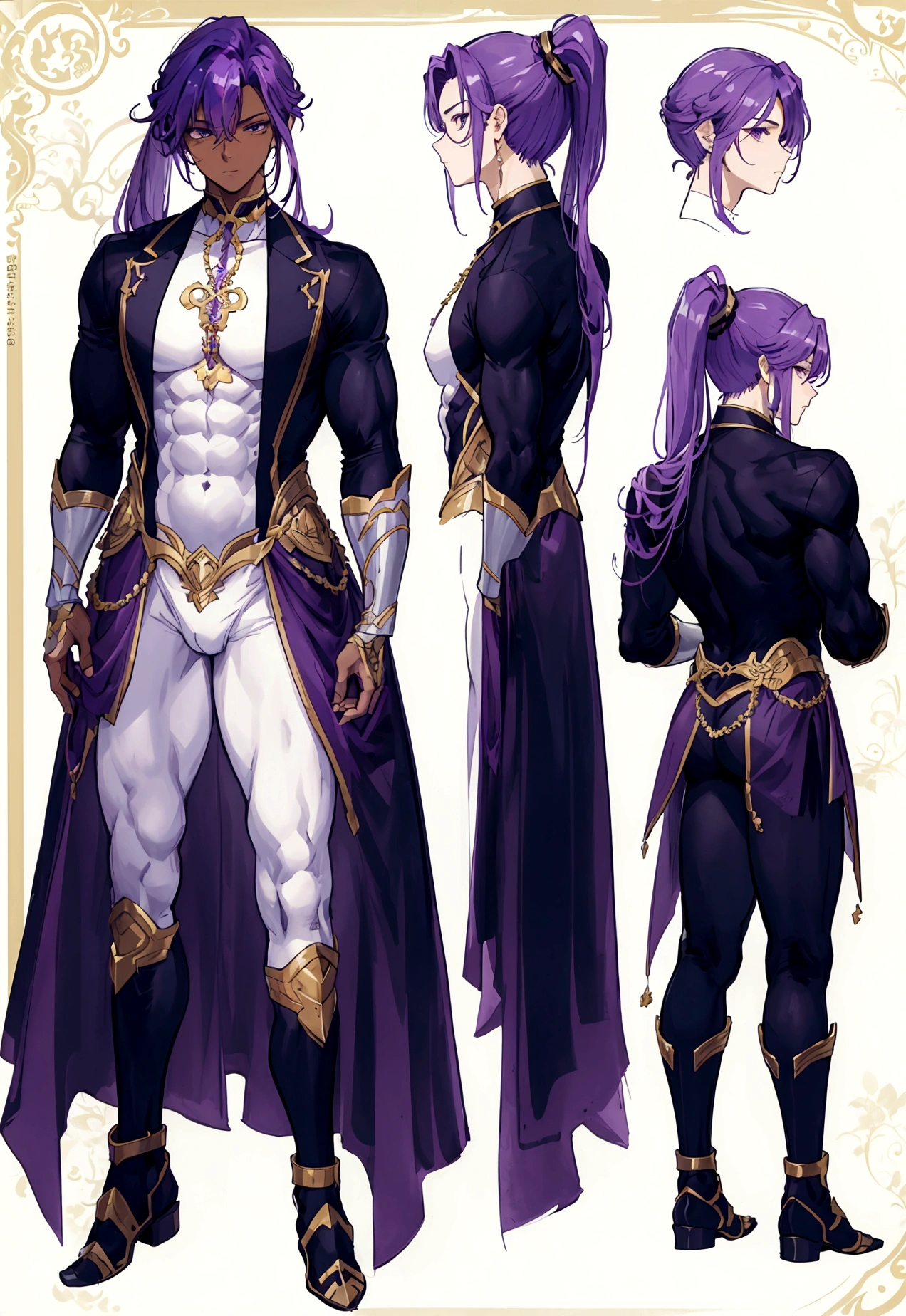 (Masterpiece, best quality), detailed, 1 man, ((character concept art)), ((character design sheet, same character, front, side, back)), full body, body complete, 1 Male, 1 Man, Detailed face, character design sheet,full bodyesbian, Highly detailed, character sheet, character design, Many parts, dark skin, angel wings, long purple ponytail hair, angel outfit, muscle male god, male clothes, masculine, muscle man, male muscle, manly, male angel, Muscle male with purple ponytail long hair,beautiful man