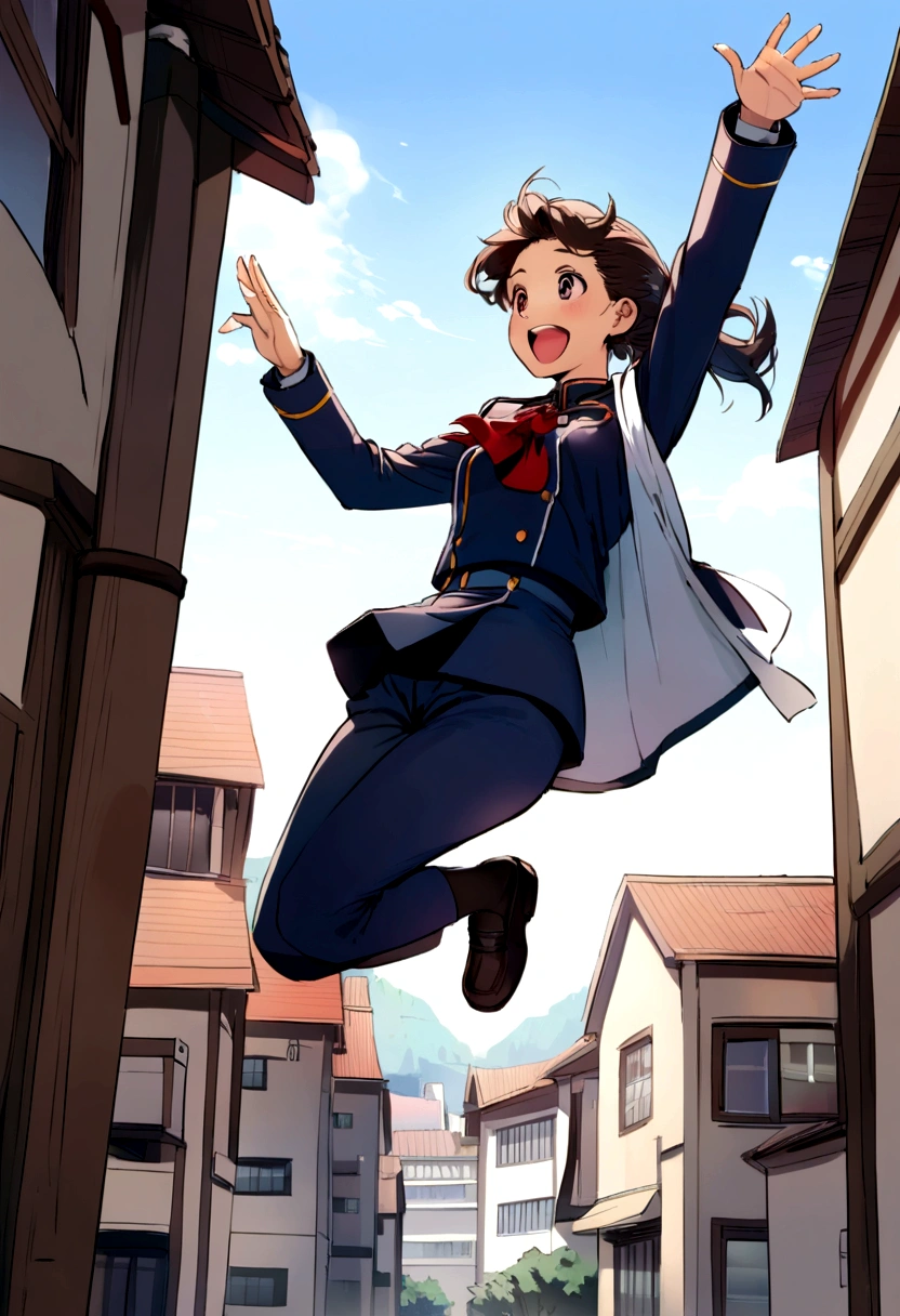 Hight school boy wearing cool uniform, jumping, school building background