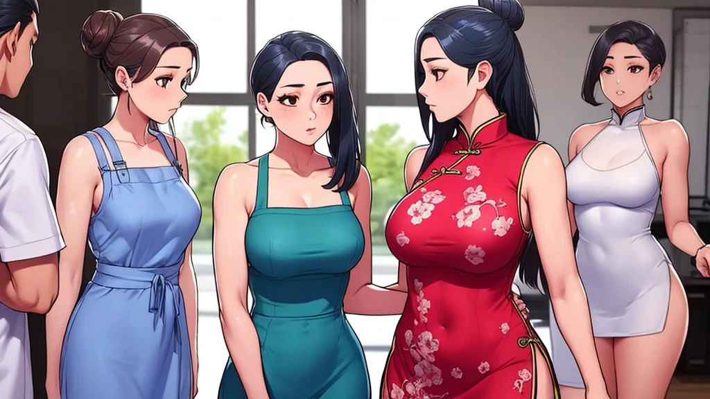 (masterpiece:1.3), (Disorganized:1.3), (best quality:1.3),(Perfect anatomical structure),Delicate face multiple girls，thigh，5 girls，双Hair Bun，Chinese clothes，Hair Bun，Photo Background，apron，dress，Long hair，Hair Bun套，Double tail，Brown hair，Black Hair，Reality，food，Hair accessories