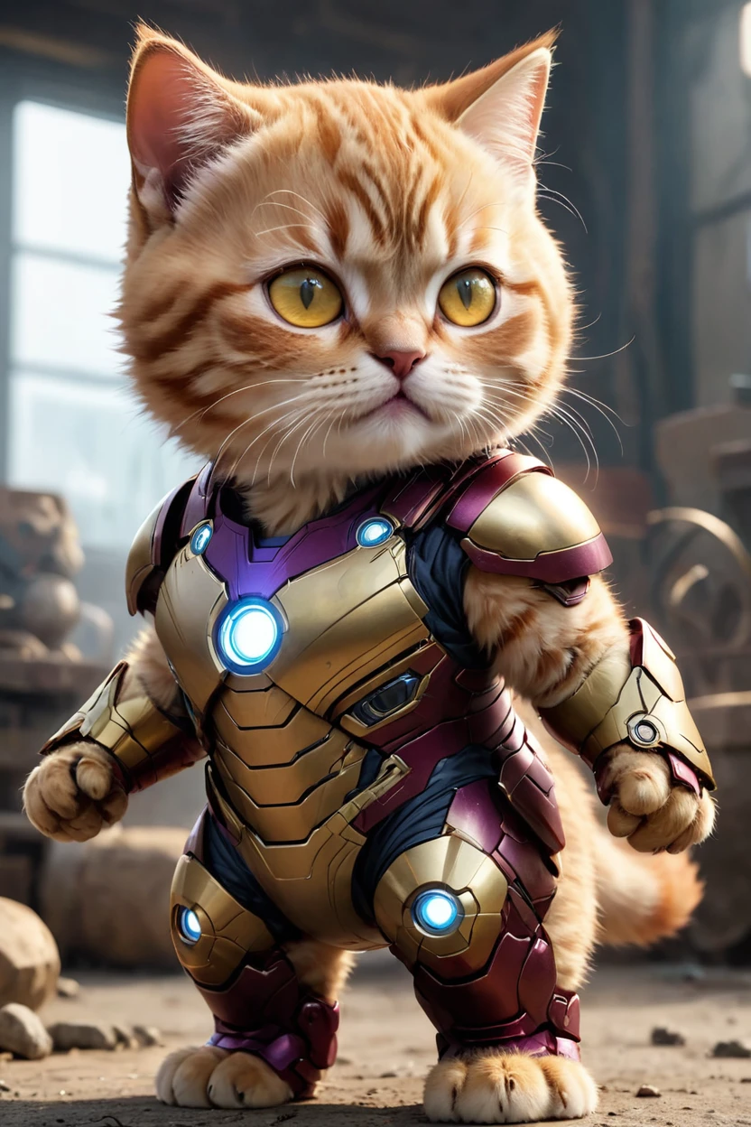 small, There are no humans in this world、The world of anthropomorphized cats、Iron Man suit mark50Wear、Facing off against cute Thanos、かわいいbornき物全身, Costumes,、 Fantasy art, Exquisite detail, An anthropomorphic, fat, furry tabby kitten with yellow eyes, Movie Scenes, Dramatic shot angles, , Realistic, born々Amazing cinematic photorealism, Action Portrait, 8K, detailed, Full Frame