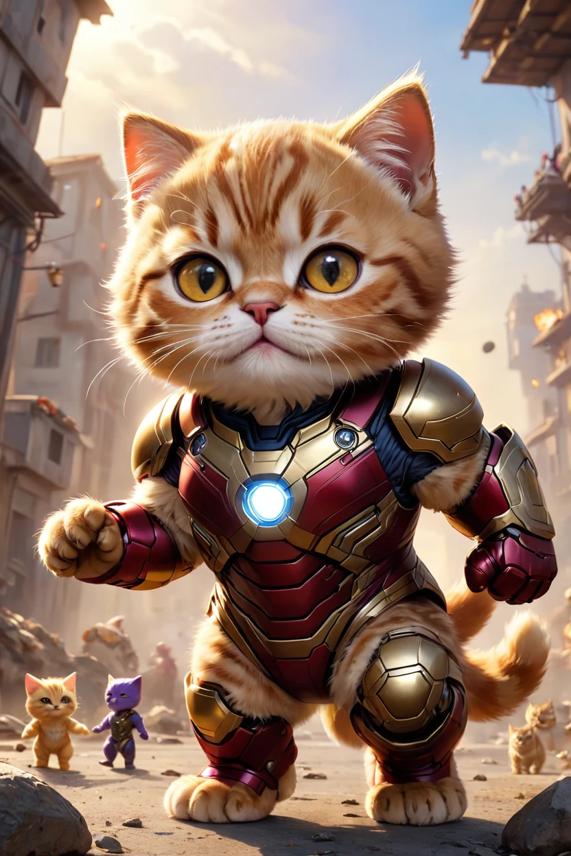 small, There are no humans in this world、The world of anthropomorphized cats、Iron Man suit mark50Wear、Facing off against cute Thanos、かわいいbornき物全身, Costumes,、 Fantasy art, Exquisite detail, An anthropomorphic, fat, furry tabby kitten with yellow eyes, Movie Scenes, Dramatic shot angles, , Realistic, born々Amazing cinematic photorealism, Action Portrait, 8K, detailed, Full Frame