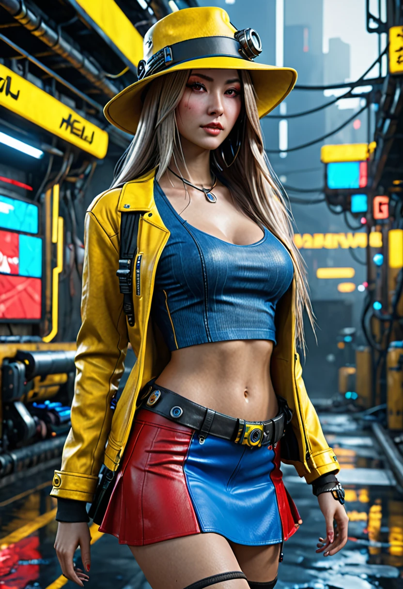 engine unreal:1.4,Ultra-realistic CG K, photorrealistic:1.4, texture skin:1.4, Masterpiece artwork:1.4,Beautiful woman with long hair hat、Cyberpunk style yellow short clothes, red pantimedia , blue mini skirt,
