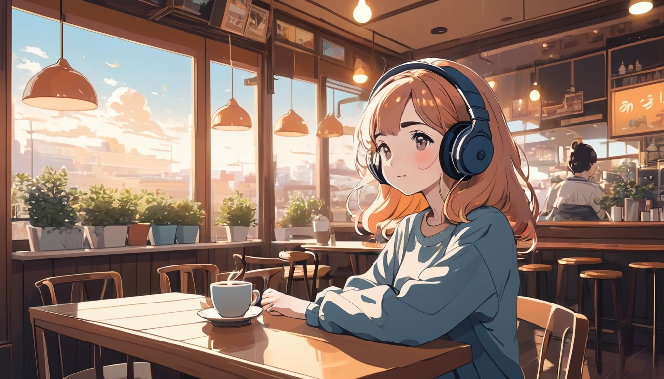 Adult woman listening to music in a cafe、, Wide-angle lens, Lofi Anime, Lofi illustration, Aesthetic atmosphere, Lo-Fi Style, Vector art, Flat Design, Simple shape, Warm tones, Pleasant atmosphere, Chill, In anime style, Digital drawing, Vector art, Vector logo for t-shirt printing, (Adorable:1.5), (small:1.4), (Playful:1.2), (soft:1.3), (Whimsical:1.1), masterpiece, Highest quality, 8K, Intricate details, grow, Celestial, Mysterious, Picturesque, amazing, Majestic, Magic, Fantasy art, Cover art, dream-like