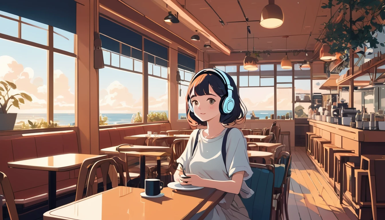 Adult woman listening to music in a cafe、, Wide-angle lens, Lofi Anime, Lofi illustration, Aesthetic atmosphere, Lo-Fi Style, Vector art, Flat Design, Simple shape, Warm tones, Pleasant atmosphere, Chill, In anime style, Digital drawing, Vector art, Vector logo for t-shirt printing, (Adorable:1.5), (small:1.4), (Playful:1.2), (soft:1.3), (Whimsical:1.1), masterpiece, Highest quality, 8K, Intricate details, grow, Celestial, Mysterious, Picturesque, amazing, Majestic, Magic, Fantasy art, Cover art, dream-like