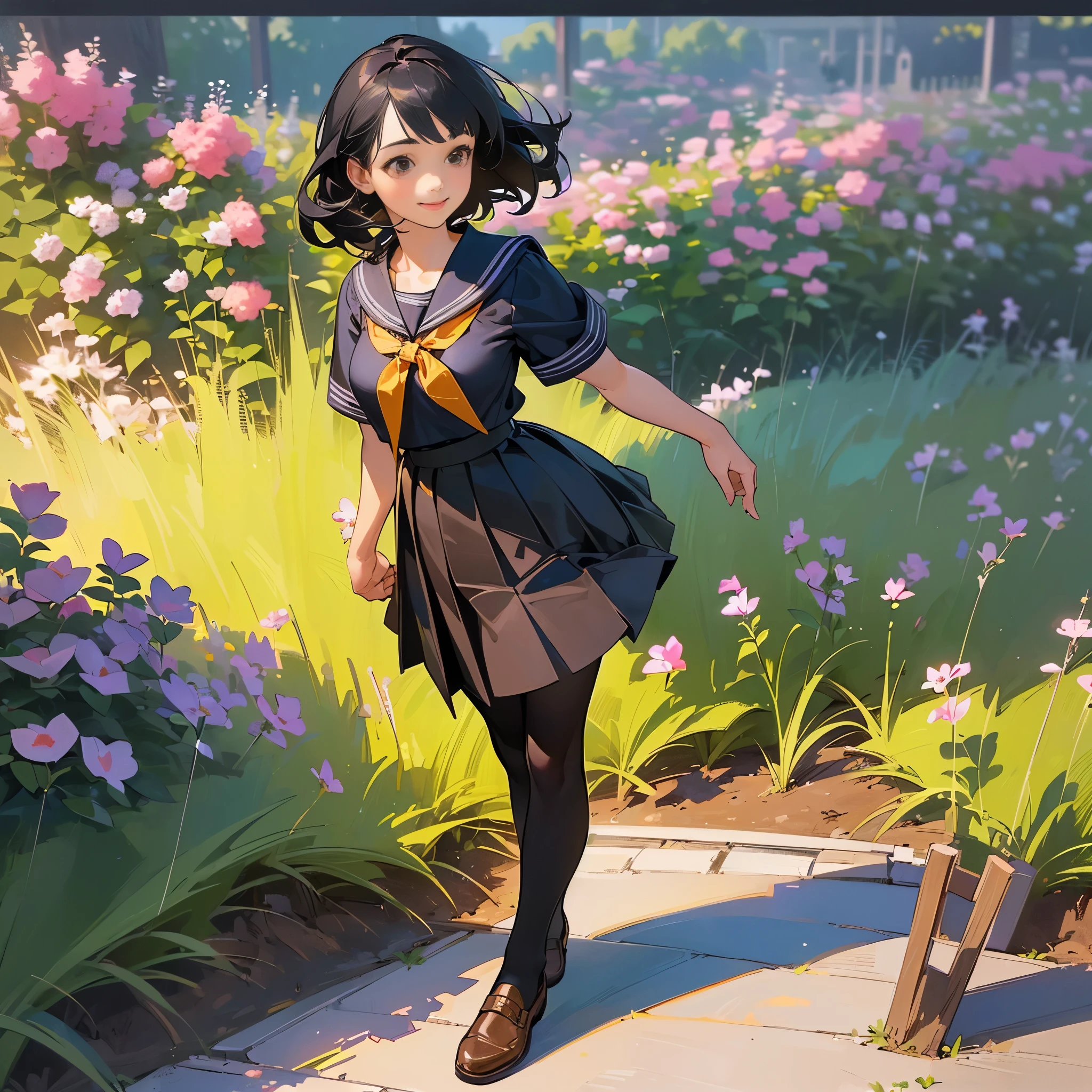(Highest quality, High resolution, Super detailed, Realistic:1.37), Peaceful atmosphere, (Outdoor, garden), Teenage girl standing alone,(my breasts are big.),Beautifully detailed features, Cute Smile, ((Black bob hair)),Short-sleeved sailor uniform, Pleated skirt,Black tights,Brown leather shoes.