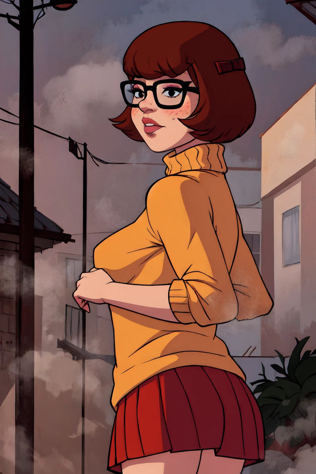 1girl, Velma from scooby-doo, solo, fat (fat body), brown hair, black eyes, square glasses, orange turtleneck blouse and red skirt, eyeliner, looking at viewer, lips, black bob cut, blunt bangs, blush, standing, upper body, face focus, outdoors, horror \(theme\), night, fog egirlmakeup, backwards, looking back