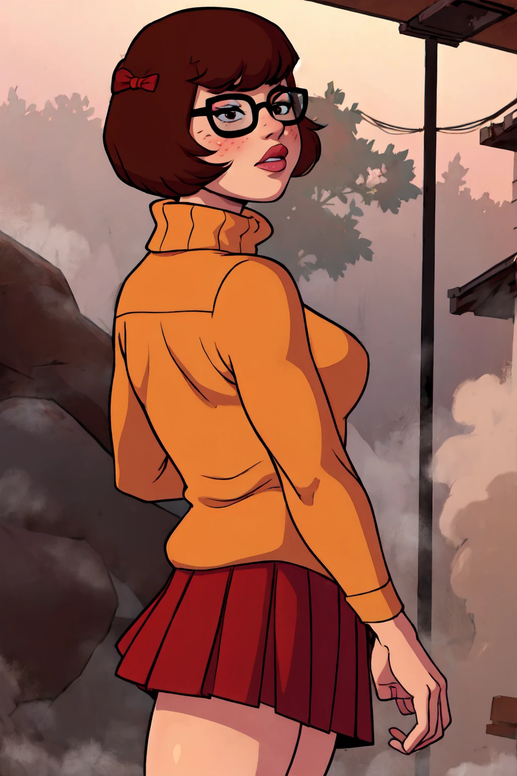 1girl, Velma from scooby-doo, solo, fat (fat body), brown hair, black eyes, square glasses, orange turtleneck blouse and red skirt,  eyeliner, looking at viewer, lips, black bob cut, blunt bangs, blush, standing, upper body, face focus, outdoors, horror \(theme\), night, fog egirlmakeup, backwards, looking back