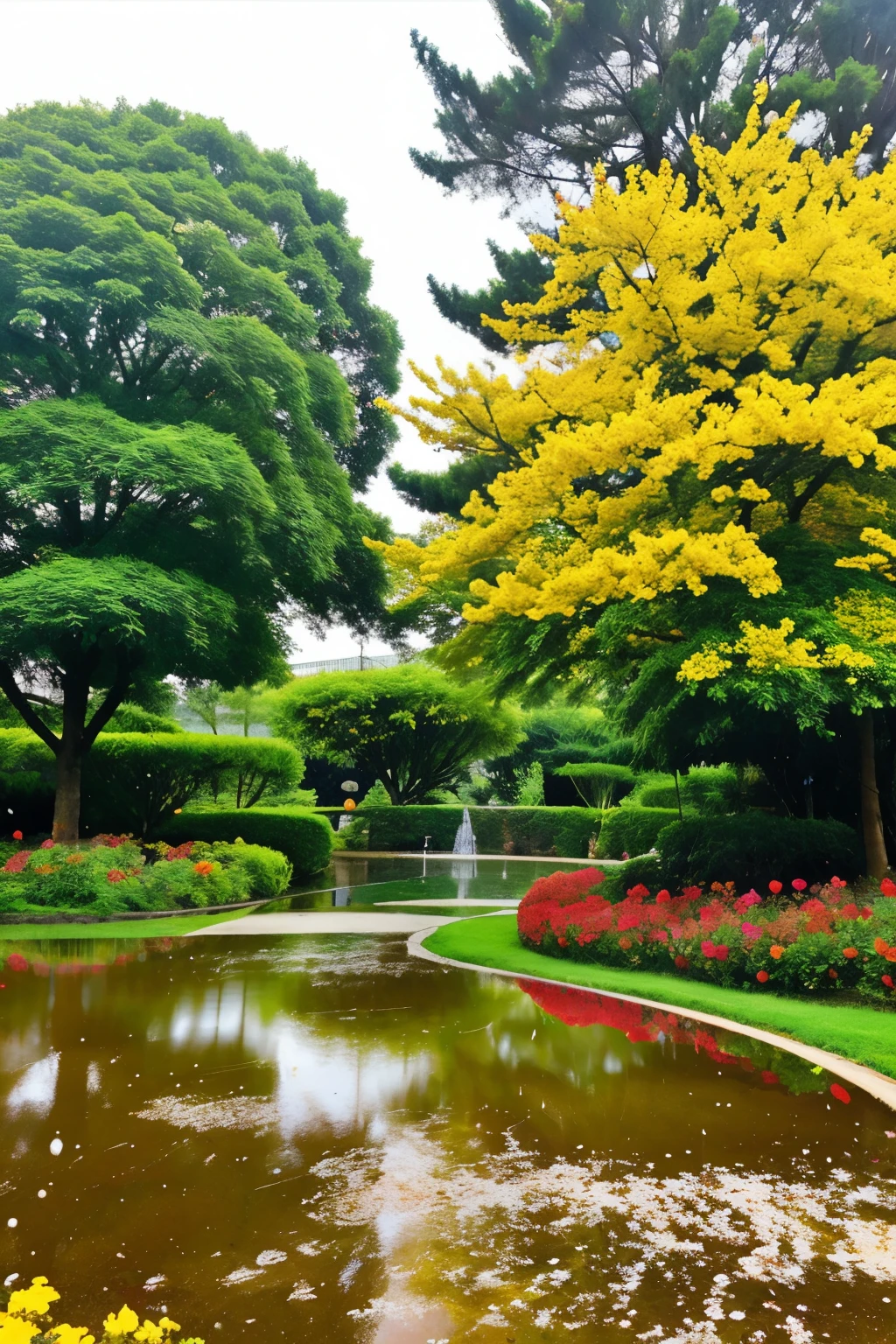 There are strange trees in the yard,There are flowers blooming on it,very beautiful,The rain falls on these flowers,Water droplets everywhere。The flowers are colorful,The rain fell,It will instantly be dyed with a touch of color,Then it turns back into ordinary water beads。