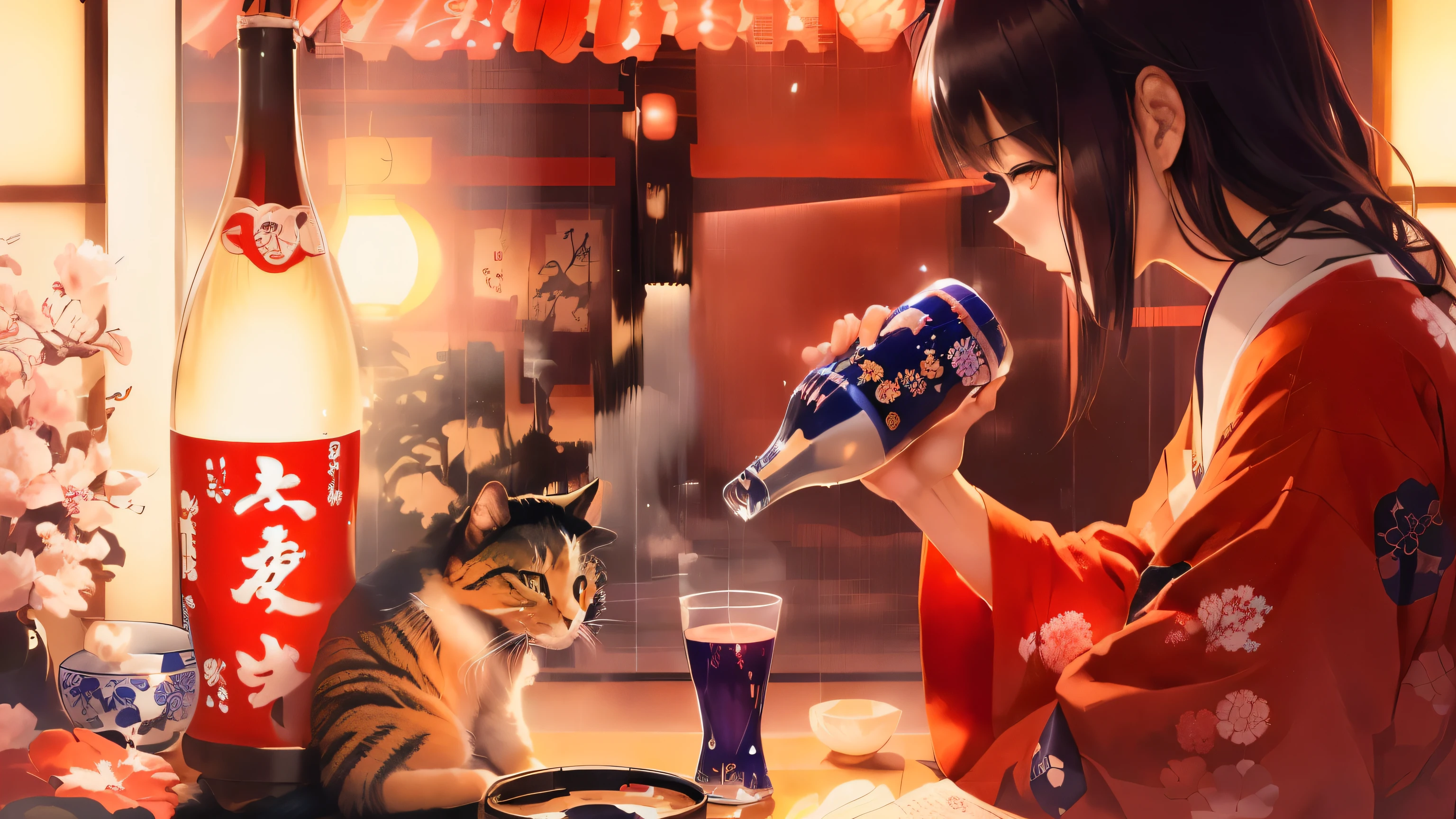 An anime girl is pouring a drink into a glass、The cat is sitting next to him, The art of Japan style, Japanese illustrationレーター, Japanese illustration, Traditional Japanese concept art, In the Ukiyo-e art style, traditional The art of Japan, Written by Kano Naizen, The art of Japan, Japanese animation style, inspired Written by Kano Naizen, Japanese manga style, ukiyoe style　Make your cat more vivid and cute.