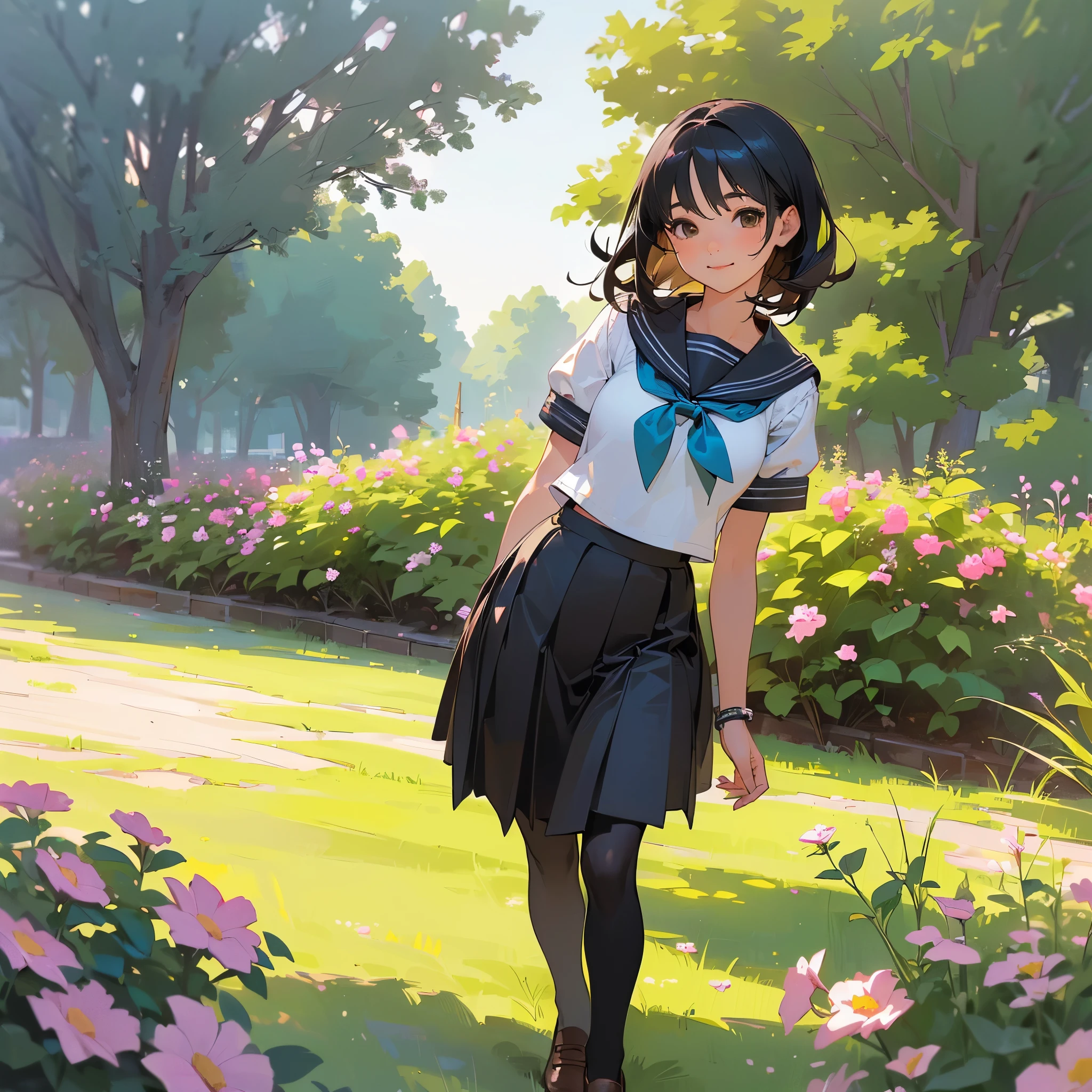 (Highest quality, High resolution, Super detailed, Realistic:1.37), Peaceful atmosphere, (Outdoor, garden), Teenage girl standing alone,(my breasts are big.),Beautifully detailed features, Cute Smile, ((Black bob hair)),Short-sleeved sailor uniform, Pleated skirt,Black tights,Brown leather shoes.