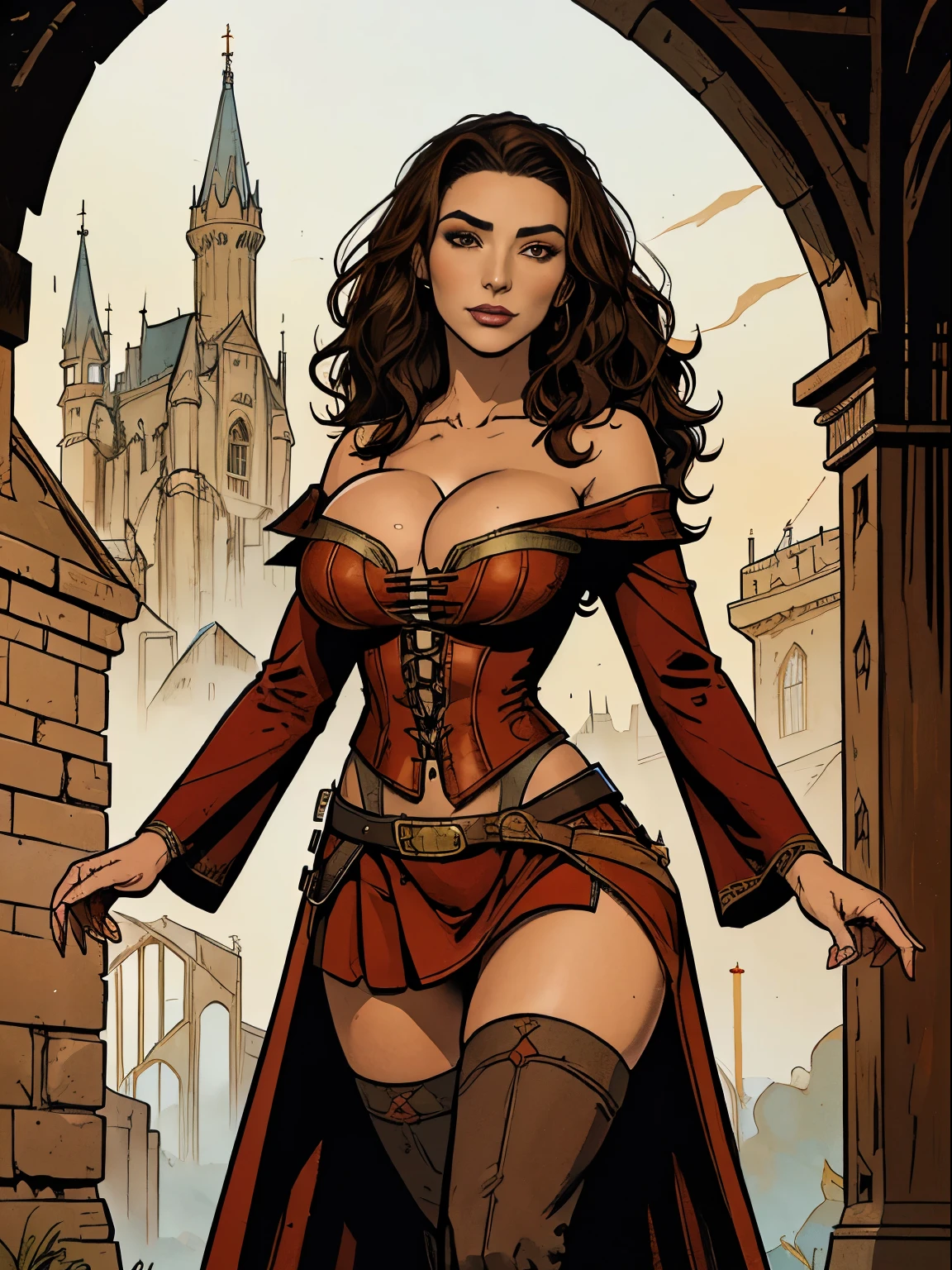 (masterpiece, top quality, best quality, official art, beautiful and aesthetic:1.2), (1girl:1.3), long and curly dark brown hair, extremely detailed, portrait, looking at viewer, solo, (full body:0.6), detailed background, close up, mischievous eyes, (warm summer castle theme:1.1), sorceress, charlatan, smirk, mysterious, walking in courtyard, revealing ((dark red)) sorcerer attire, red knee-length red skirt, off shoulder, straps, long sleeves, loose sleeves, cloak, corset, black leggings, black trousers, black pants, long brown boots, buckles, straps, pouches, (glowing magical energy, casting a spell), red fabric, white trim, ((((gigantic breasts, cleavage, skindentation)))), slim waist, slim hips, long legs, medieval (castle exterior:1.1) background, dark mysterious lighting, shadows, magical atmosphere, dutch angle