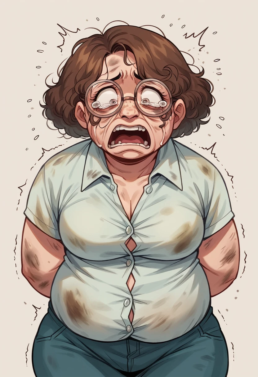 Forty-year-old woman, South American, indigenous race, fat and obese, abused, whipped, DENIGRATED, shaking, terrified, screaming, crying, large fogged glasses, dressed in a long silk blouse, unbuttoned, blue low-cut, with very large flowers . dirty, dirty white panties, brown hair, short hairstyle with 80s curly perm, round face with freckles, slapped and flabby, dejected, sad look. they are scolding him