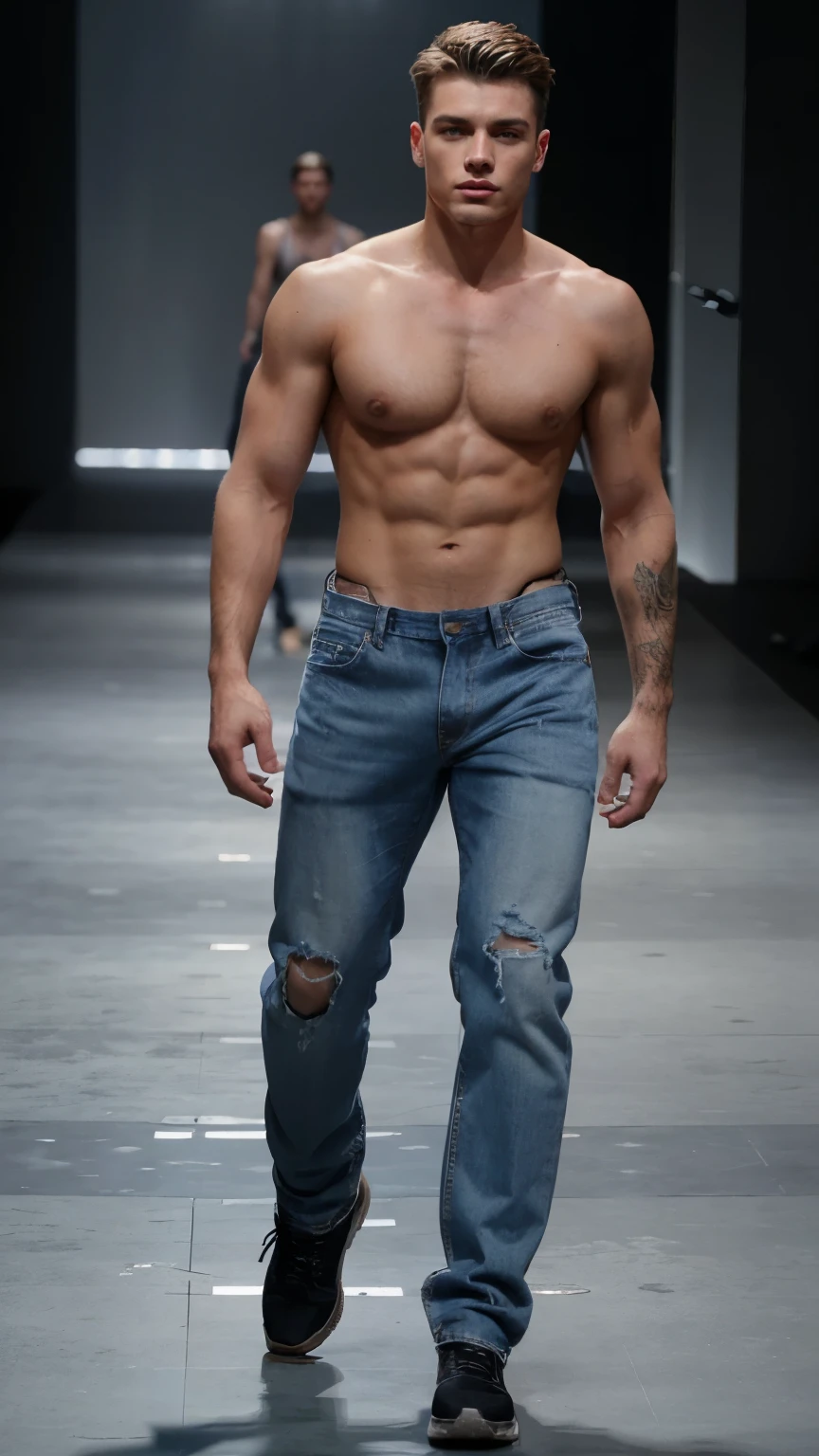 a shirtless man walking down a runway wearing a pair of jeans, male model, baggy jeans, masculine appeal high fashion, mid-shot of a hunky, wearing only pants, sexy masculine, walking down the catwalk, blue jeans. unreal 5, raphael personnaz, open v chest clothes, his clothes are torn and dirty, runway photo, masculine and rugged