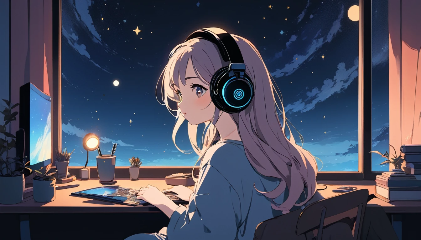 Girl wearing headphones、Computer and mug on the desk、Night outside the window, Wide-angle lens, Lofi Anime, Lofi illustration, Aesthetic atmosphere, Lo-Fi Style, Vector art, Flat Design, Simple shape, Warm tones, Pleasant atmosphere, Chill, In anime style, Digital drawing, Vector art, Vector logo for t-shirt printing, (Adorable:1.5), (small:1.4), (Playful:1.2), (soft:1.3), (Whimsical:1.1), masterpiece, Highest quality, 8K, Intricate details, grow, Celestial, Mysterious, Picturesque, amazing, Majestic, Magic, Fantasy art, Cover art, dream-like