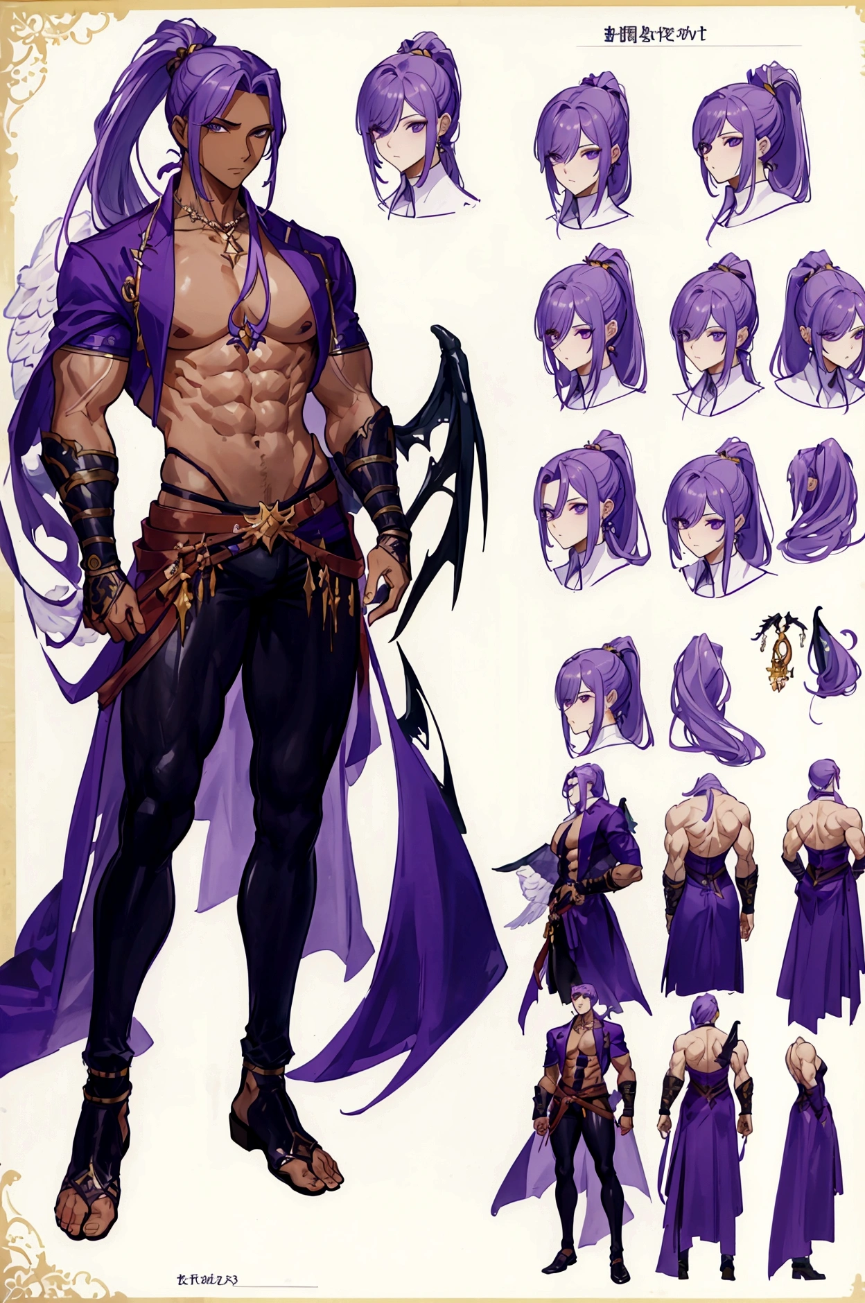 (Masterpiece, best quality), detailed, 1 man, ((character concept art)), ((character design sheet, same character, front, side, back)), full body, body complete, 1 Male, 1 Man, Detailed face, character design sheet，full bodyesbian, Highly detailed, character sheet, character design, Many parts, dark skin, angel wings, long ponytail purple hair, angel outfit, muscle male god, male clothes, masculine, muscle man, male muscle, manly, male angel, Muscle male with purple ponytail long hair，beautiful man, abs, pectoral muscle