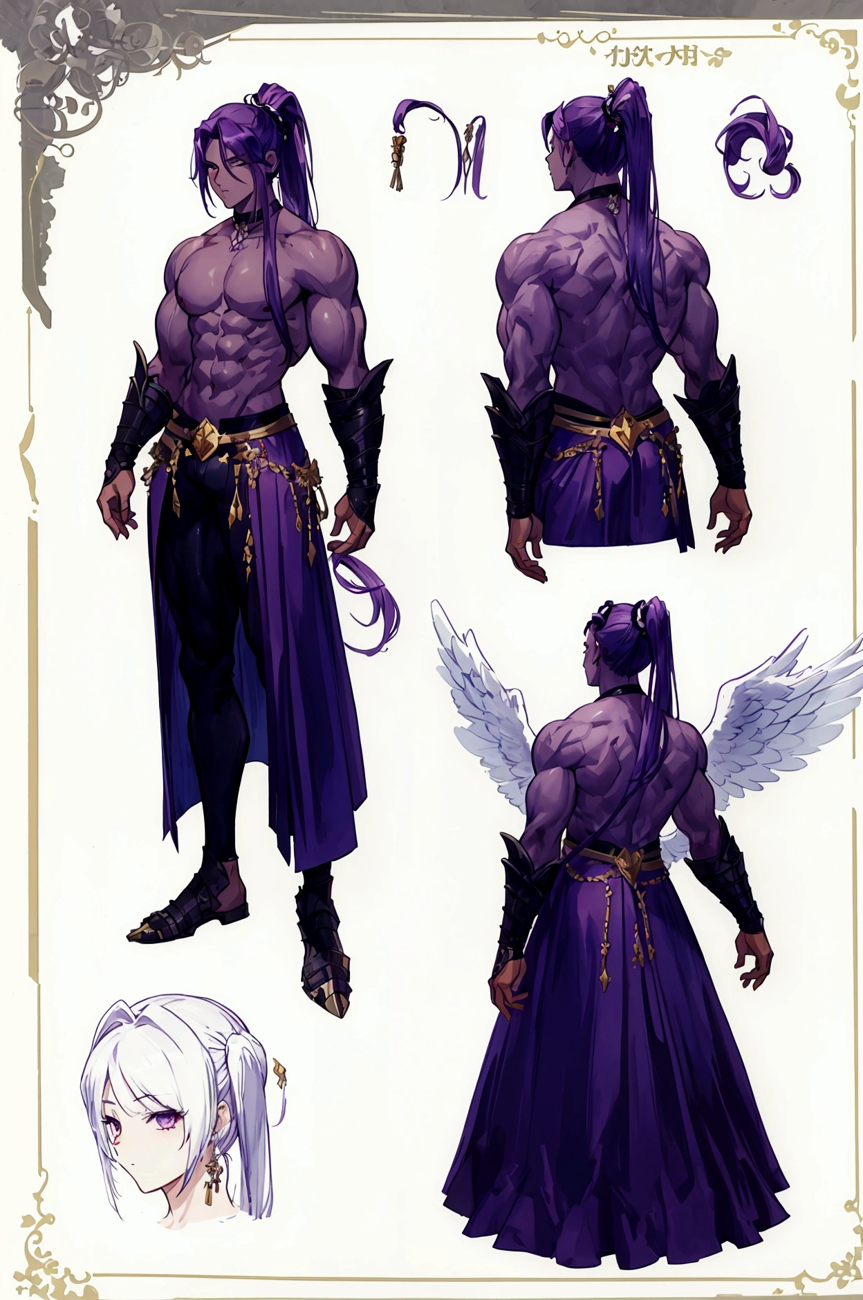 (Masterpiece, best quality), detailed, 1 man, ((character concept art)), ((character design sheet, same character, front, side, back)), full body, body complete, 1 Male, 1 Man, Detailed face, character design sheet，full bodyesbian, Highly detailed, character sheet, character design, Many parts, dark skin, angel wings, long ponytail purple hair, angel outfit, muscle male god, male clothes, masculine, muscle man, male muscle, manly, male angel, Muscle male with purple ponytail long hair，beautiful man, abs, pectoral muscle