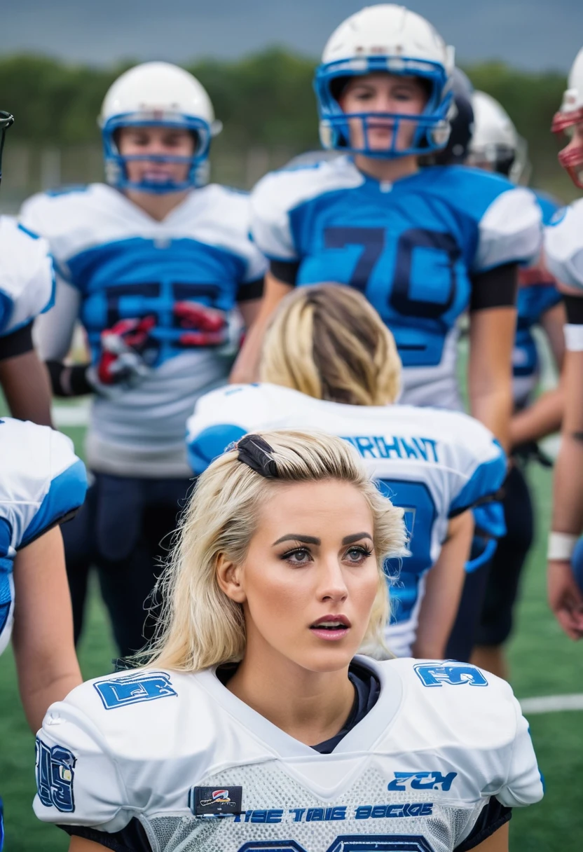 Very attractive blonde female American football player with an undercut wearing full pads and no helmet on the field talking to her teammates