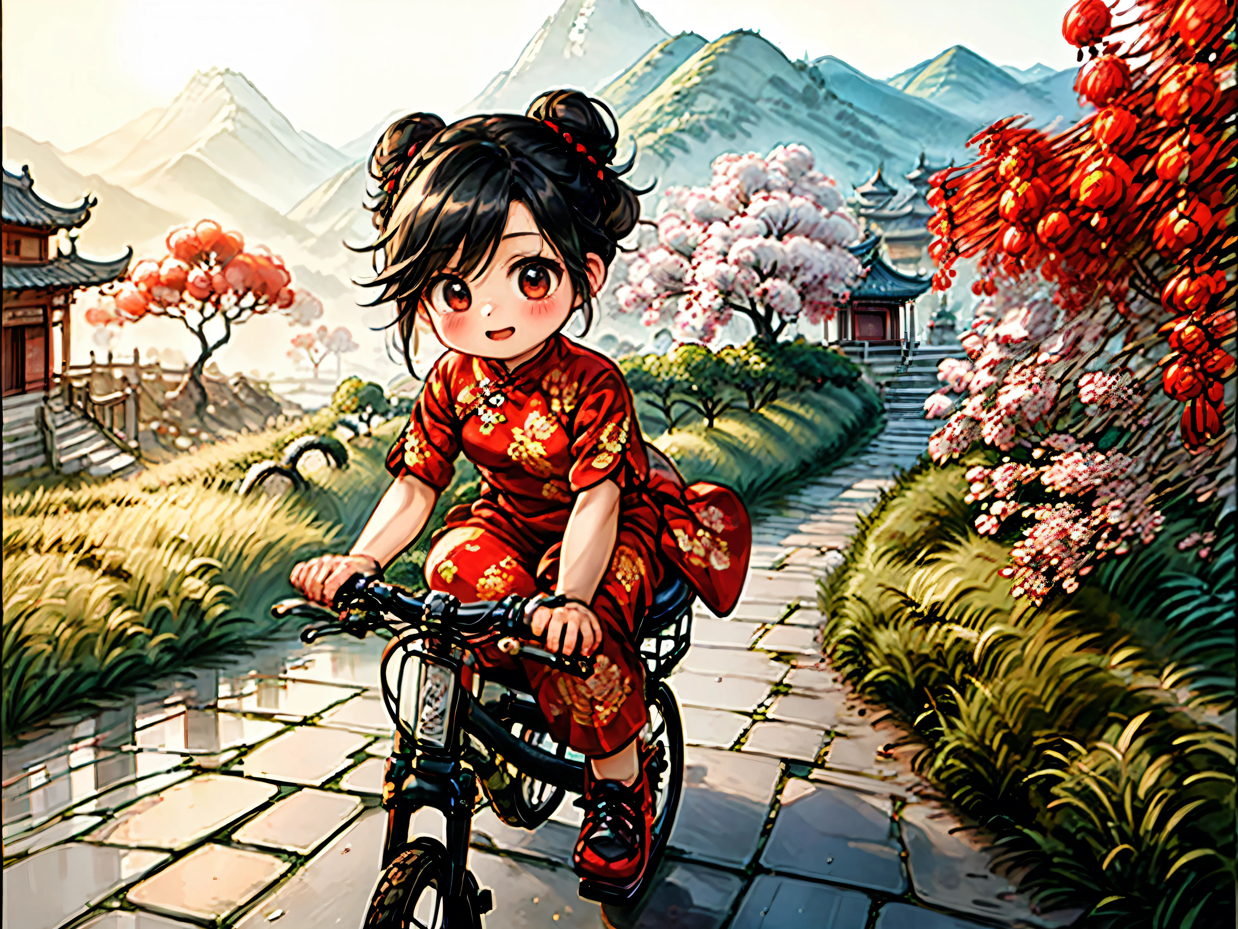 1female\(cute,kawaii,small kid,hair floating,hair color dark brown,hair\(braid twin bun,chinese style\),eye color dark brown,big eyes,(cute classical Fashion cheongsam:1.5),breast,riding a (bicycle\(old,classic,chinese bicycle\):1.3),dynamic angle,long shot,(full body:1.3),\),background\(outside,chinese countryside,crowdy main street, gravel road,chinese people\(walking, classic fashion \),csal_scenery,Xihu\),(long shot:1.5),(wide shot),landscape, BREAK ,quality\(8k,wallpaper of extremely detailed CG unit, ​masterpiece,hight resolution,top-quality,top-quality real texture skin,hyper realisitic,increase the resolution,RAW photos,best qualtiy,highly detailed,the wallpaper,cinematic lighting,ray trace,golden ratio\)
