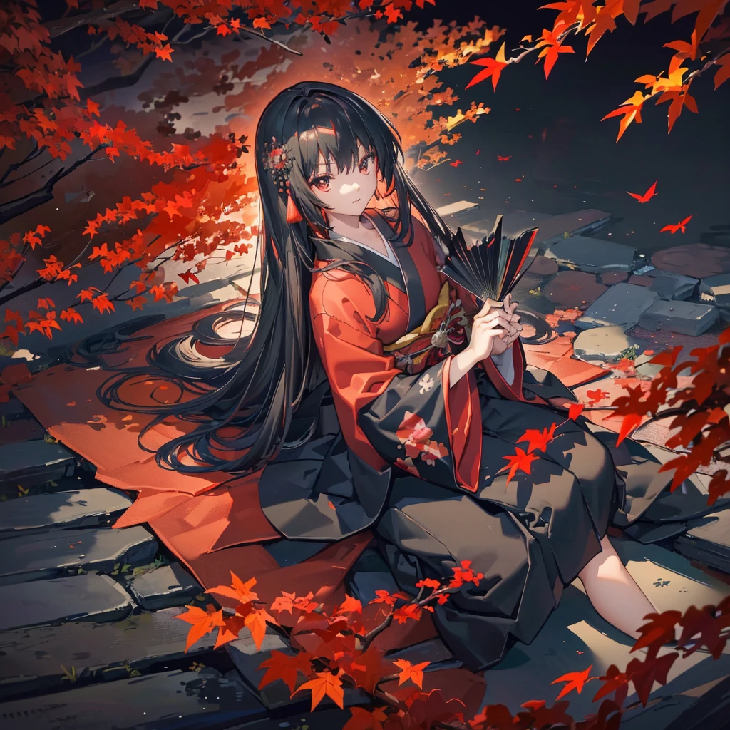 ((blackい髪　Long Hair　black　One person　Lonely　Red Flag　胸開きのkimono))　((night　Japanese style　old　Shining Aura))　moon　star　Slashing　Catch the wind　printing　A tense face　kimono　Red shiny edges　autumn　Maple　Red butterfly　in the forest　Emitting an aura　Look Around
