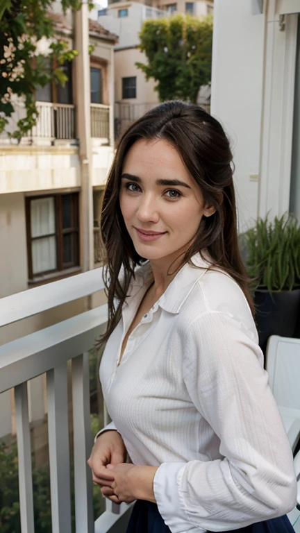 Jennifer Connelly dressed in Cambridge clothes on a balcony with a sexy smile.
