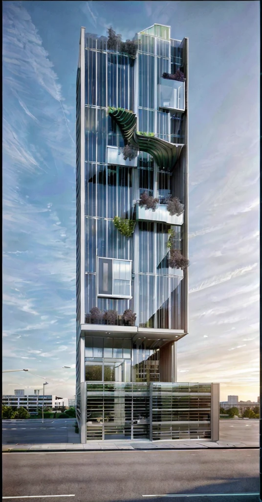 Rendering of Office building, realistic photo, 3dsmax render, Corona rendering,  light system,Design a detailed exterior perspective rendering of a modern office building. The building should have a sleek, contemporary design with clean lines and a sophisticated appearance. The facade should primarily feature glass, allowing for plenty of natural light to illuminate the interior spaces, Incorporate high-quality materials such as steel, concrete, and glass to give the building a sense of durability and elegance. The entrance should be grand, with a large, welcoming canopy and automatic sliding doors. Surrounding the building, include landscaped green areas with trees, shrubs, and benches to create a welcoming environment for employees and visitors, Incorporate sustainable elements such as green walls, solar panels on the roof, and energy-efficient lighting. Ensure the building has multiple stories with a mixture of office spaces, conference rooms, and open areas visible through the windows, The overall environment should feel vibrant and dynamic, with people walking in and out, some seated in the outdoor areas, and a few cars and bicycles in designated parking spaces. The sky should be clear with a few clouds, and the overall atmosphere should be that of a bustling, modern workspace.