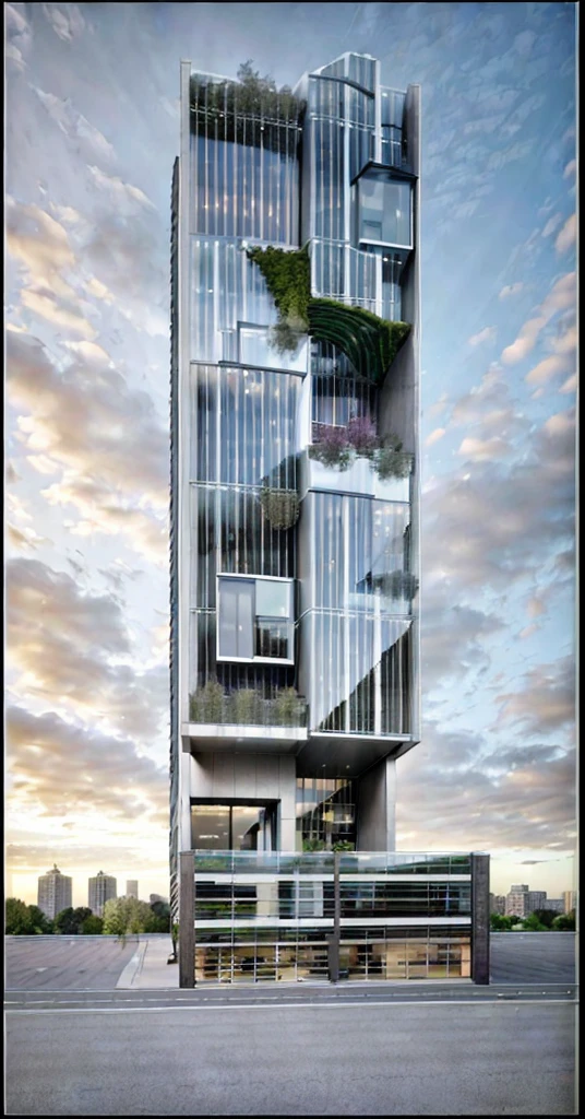 Rendering of Office building, realistic photo, 3dsmax render, Corona rendering, light system,Design a detailed exterior perspective rendering of a modern office building. The building should have a sleek, contemporary design with clean lines and a sophisticated appearance. The facade should primarily feature glass, allowing for plenty of natural light to illuminate the interior spaces, Incorporate high-quality materials such as steel, concrete, and glass to give the building a sense of durability and elegance. The entrance should be grand, with a large, welcoming canopy and automatic sliding doors. Surrounding the building, include landscaped green areas with trees, shrubs, and benches to create a welcoming environment for employees and visitors, Incorporate sustainable elements such as green walls, solar panels on the roof, and energy-efficient lighting. Ensure the building has multiple stories with a mixture of office spaces, conference rooms, and open areas visible through the windows, The overall environment should feel vibrant and dynamic, with people walking in and out, some seated in the outdoor areas, and a few cars and bicycles in designated parking spaces. The sky should be clear with a few clouds, and the overall atmosphere should be that of a bustling, modern workspace.