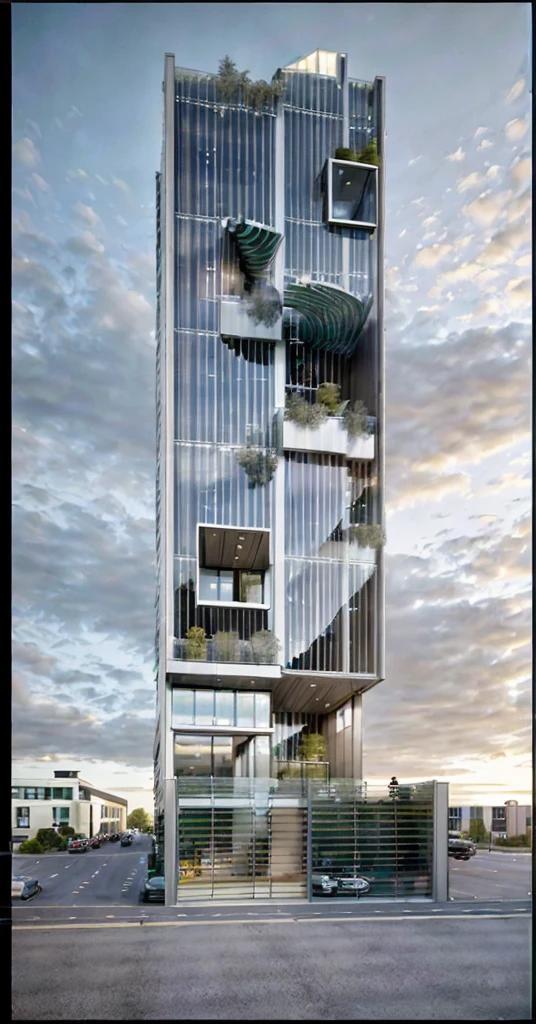 Rendering of Office building, realistic photo, 3dsmax render, Corona rendering,  light system,Design a detailed exterior perspective rendering of a modern office building. The building should have a sleek, contemporary design with clean lines and a sophisticated appearance. The facade should primarily feature glass, allowing for plenty of natural light to illuminate the interior spaces, Incorporate high-quality materials such as steel, concrete, and glass to give the building a sense of durability and elegance. The entrance should be grand, with a large, welcoming canopy and automatic sliding doors. Surrounding the building, include landscaped green areas with trees, shrubs, and benches to create a welcoming environment for employees and visitors, Incorporate sustainable elements such as green walls, solar panels on the roof, and energy-efficient lighting. Ensure the building has multiple stories with a mixture of office spaces, conference rooms, and open areas visible through the windows, The overall environment should feel vibrant and dynamic, with people walking in and out, some seated in the outdoor areas, and a few cars and bicycles in designated parking spaces. The sky should be clear with a few clouds, and the overall atmosphere should be that of a bustling, modern workspace.