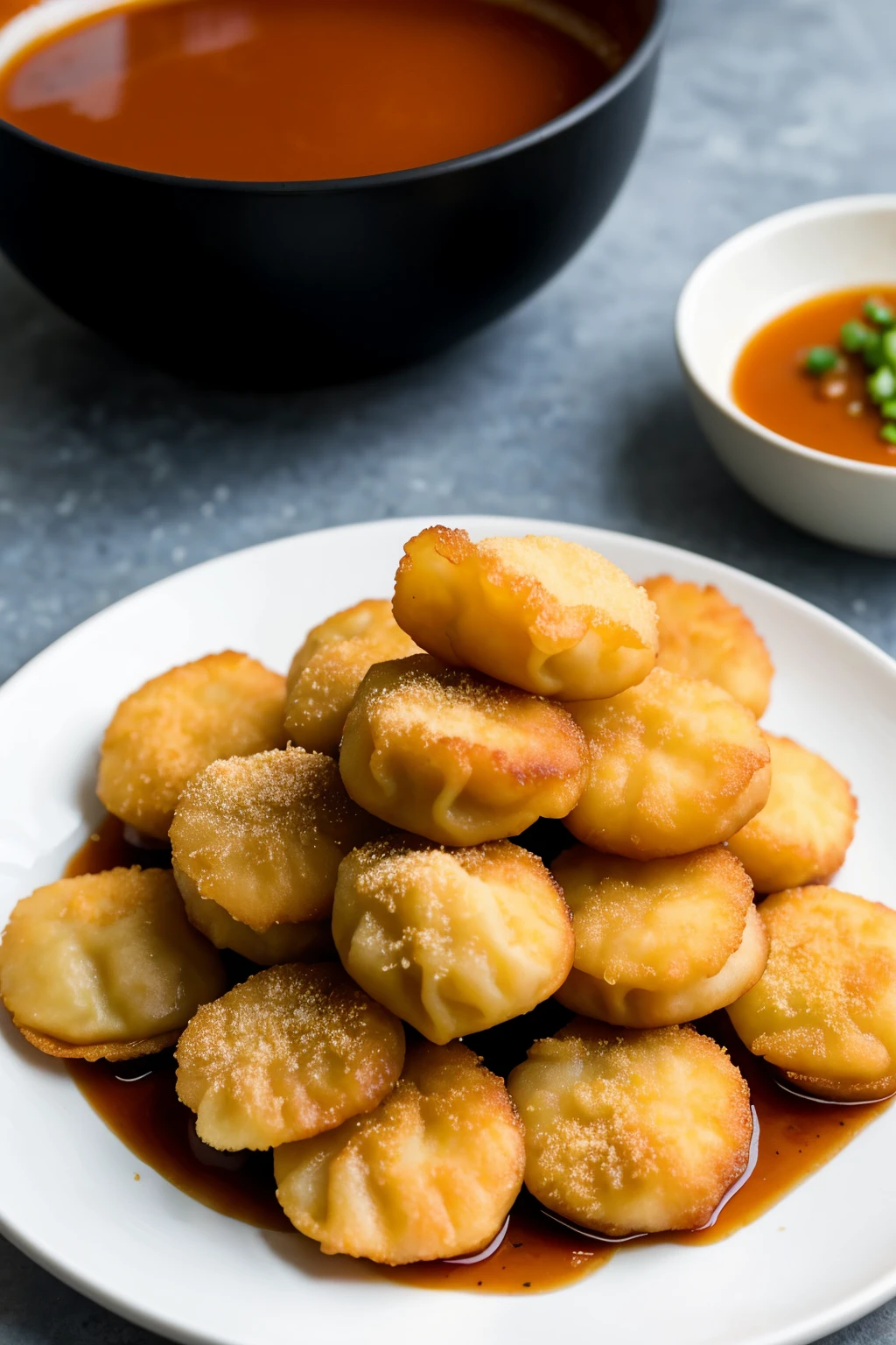 demonstration plate with fried wonton tequeños with tamarind sauce