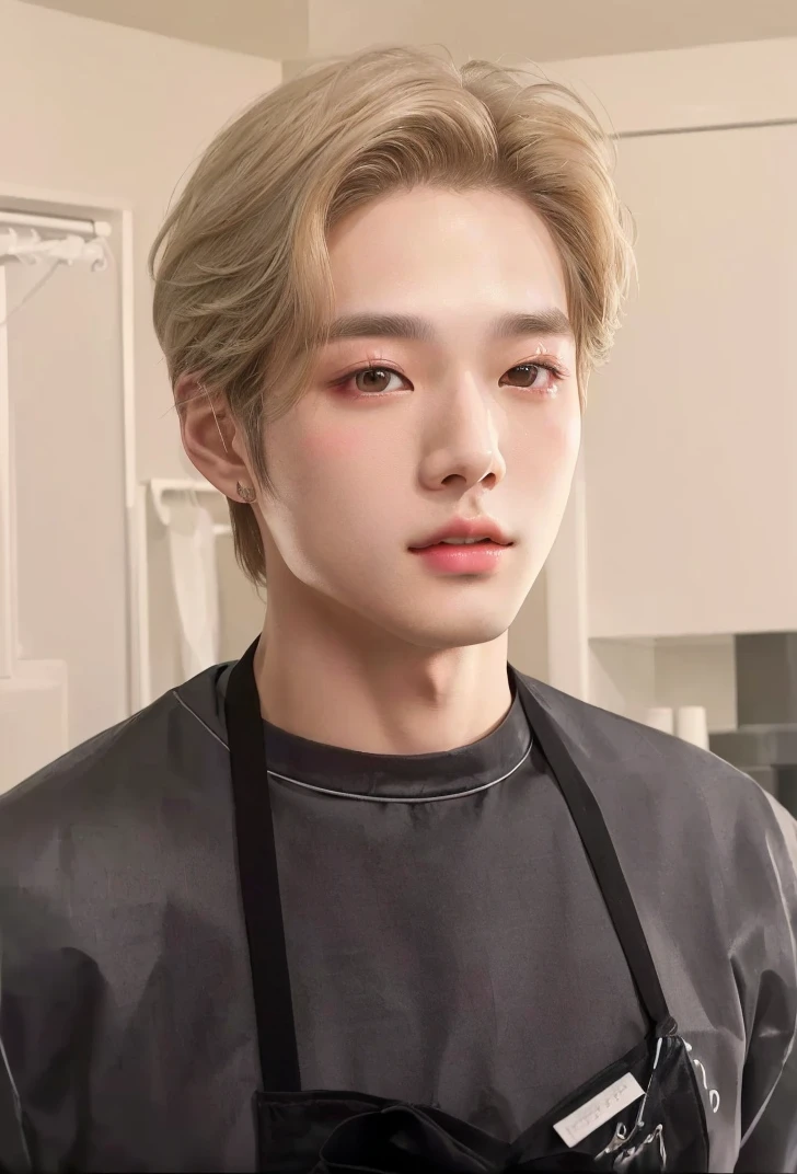 there is a man in an apron posing for a photo, inspired by jeonseok lee, inspired by Yanjun Cheng, yanjun chengt, jung jaehyun, kpop idol portrait, cai xukun, official fanart, high-quality portrait, young pale angel, Tae June Kim, realistic portrait photo, with short hair, Retrato de Jossi do Blackpink